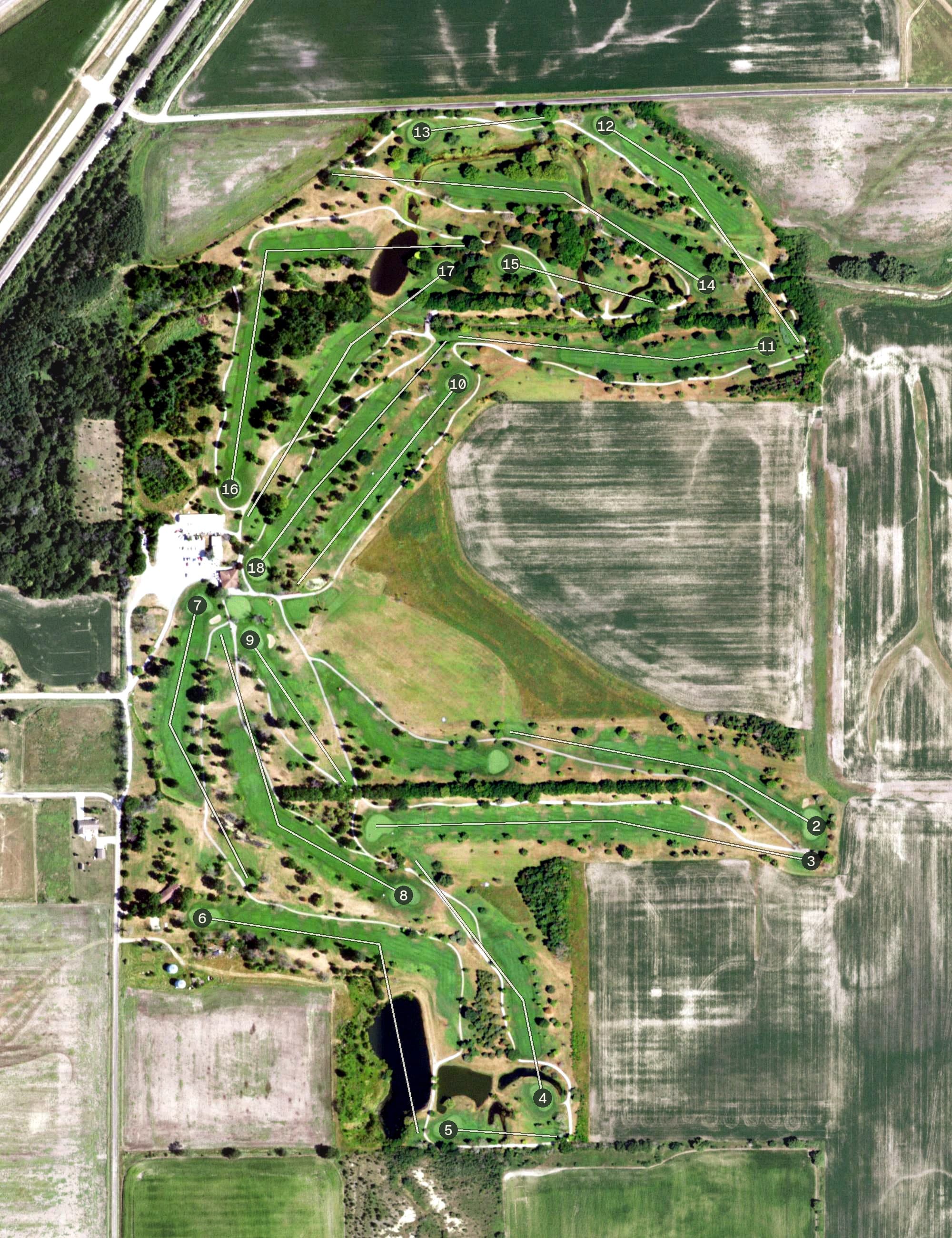 Aerial view of Wolf Creek Golf Club, IL, with its hole routing marked