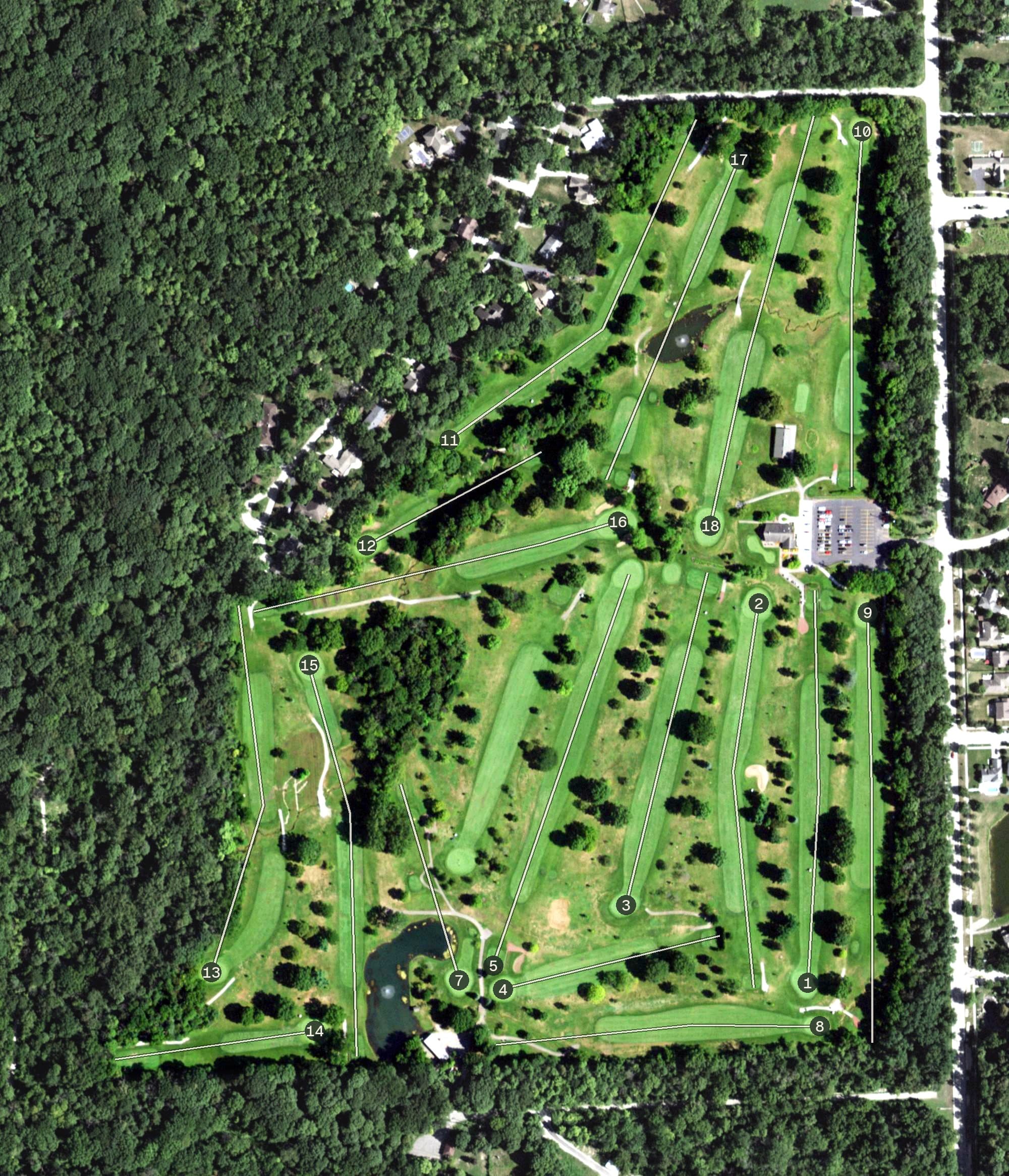 Aerial view of Woodruff Golf Course, IL, with its hole routing marked