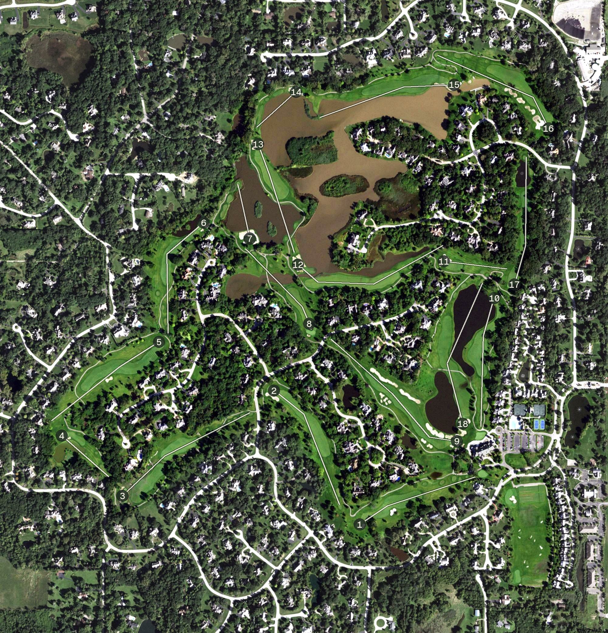 Aerial view of Wynstone Golf Club, IL, with its hole routing marked