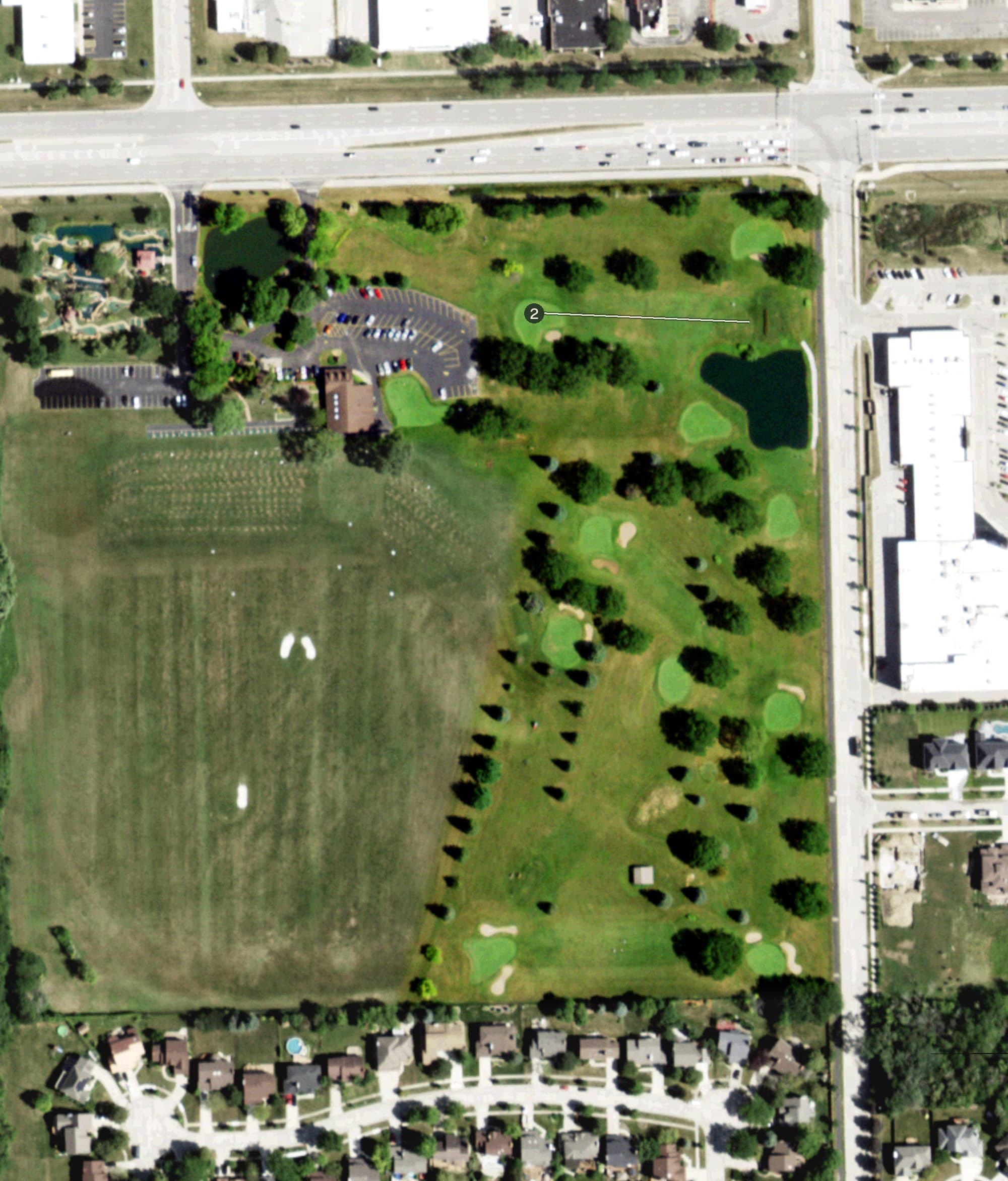 Aerial view of Zigfield Troy Par 3 Golf Course, IL, with its hole routing marked