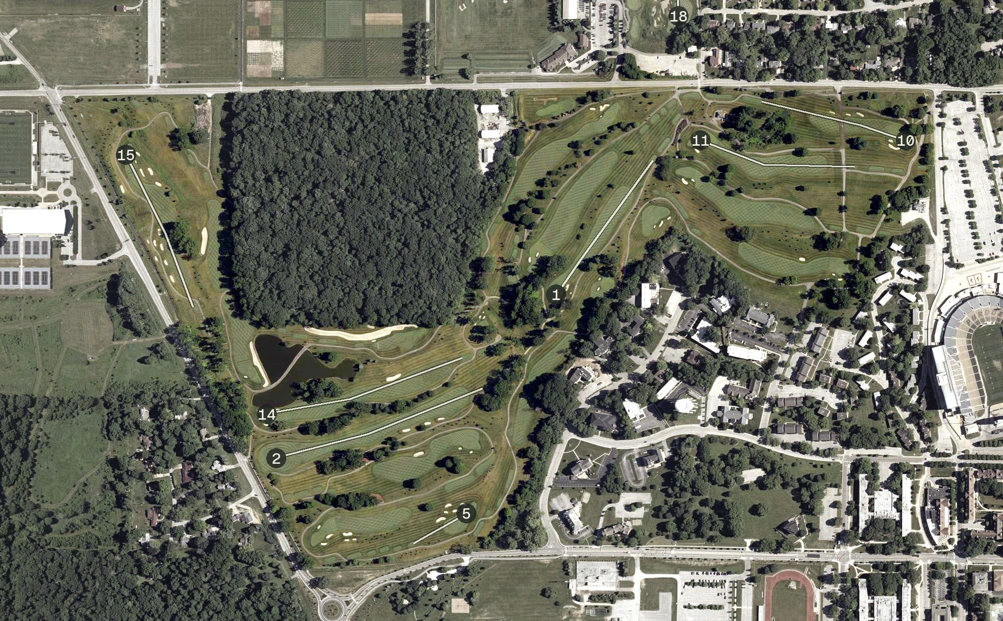 Aerial view of Ackerman-Allen Golf Course, IN, with its hole routing marked