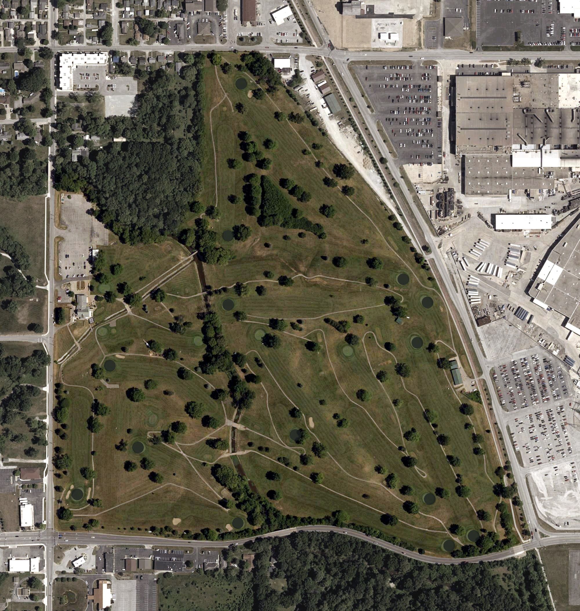 Aerial view of American Legion Golf Course, IN, with its hole routing marked