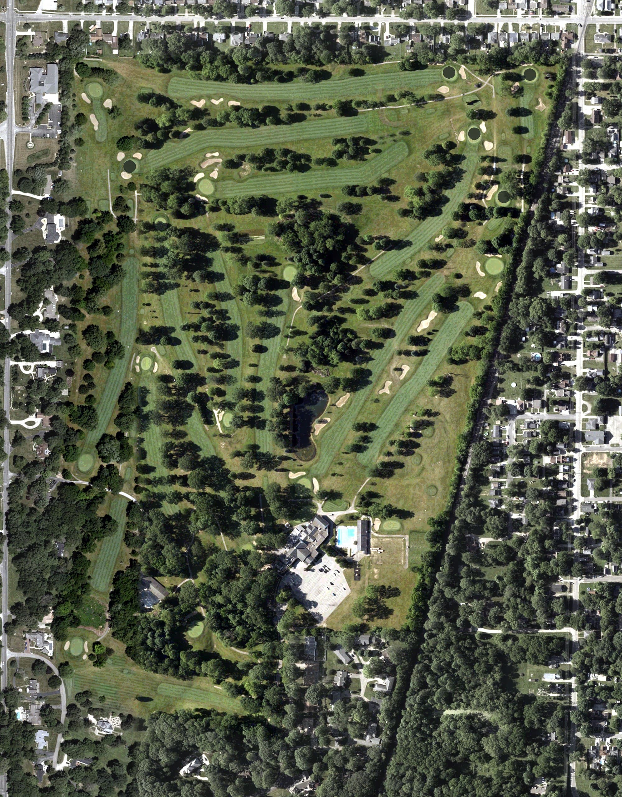 Aerial view of Anderson Country Club, IN, with its hole routing marked