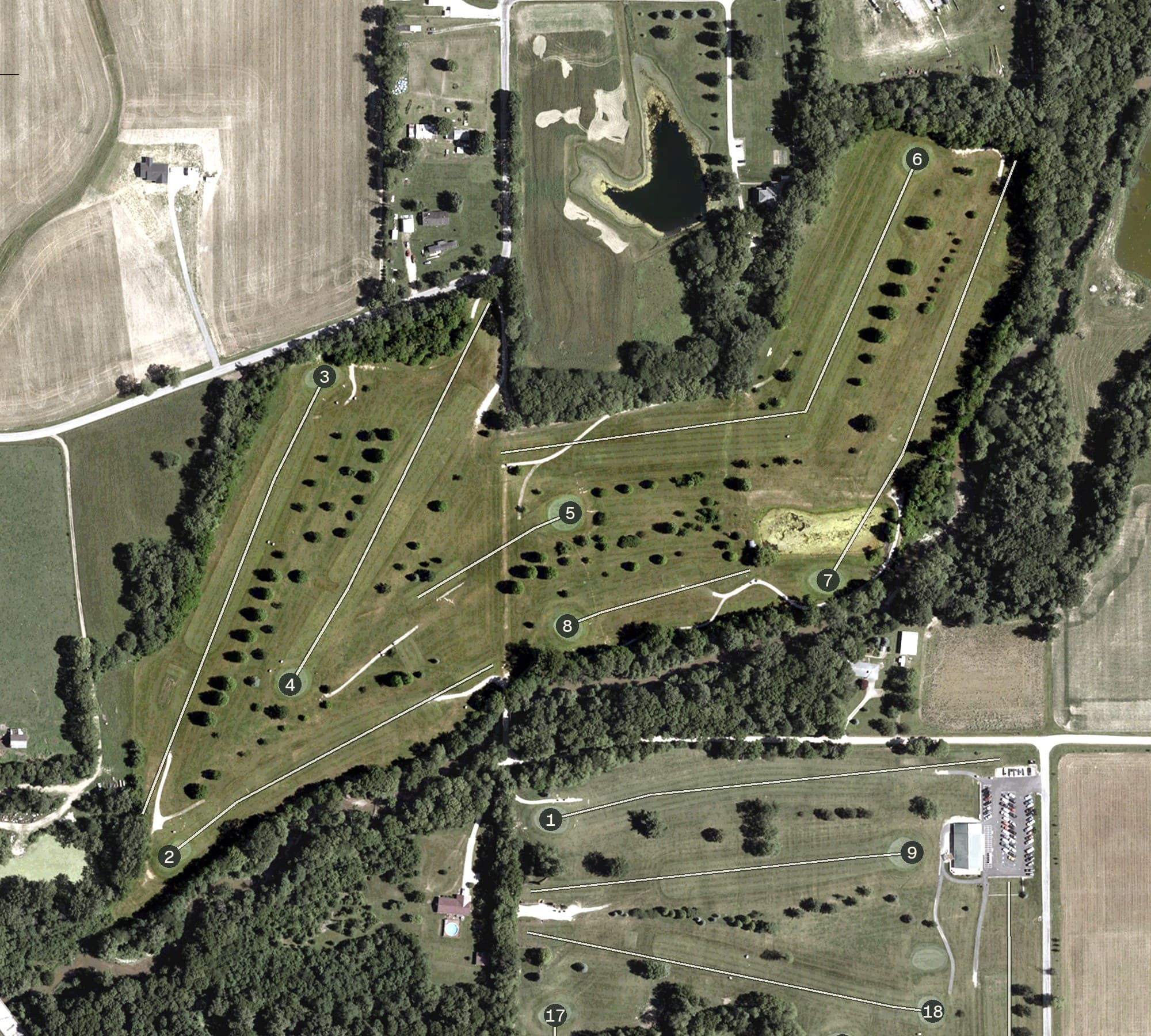 Aerial view of Angel Hill GC, IN, with its hole routing marked