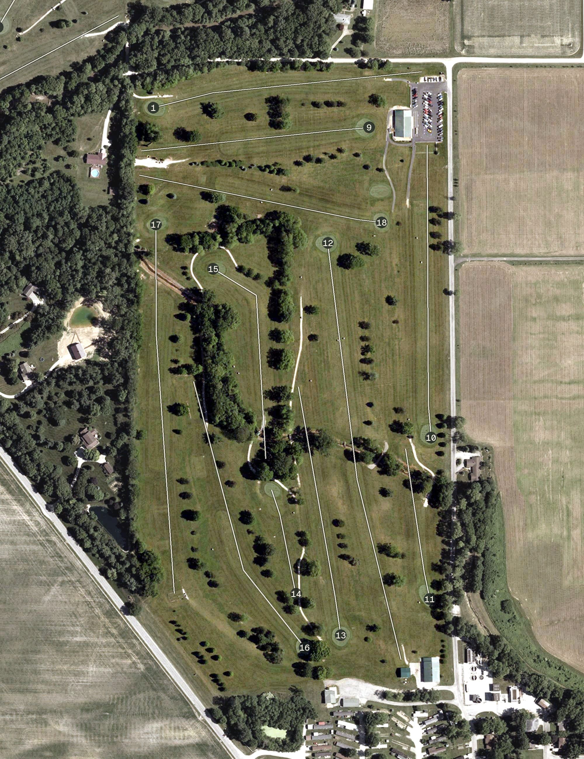 Aerial view of Angel Hill GC, IN, with its hole routing marked