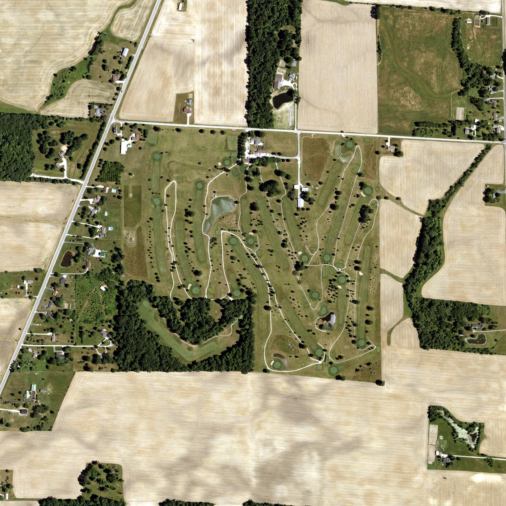 Aerial view of Arbor Trace Golf Club, IN, with its hole routing marked