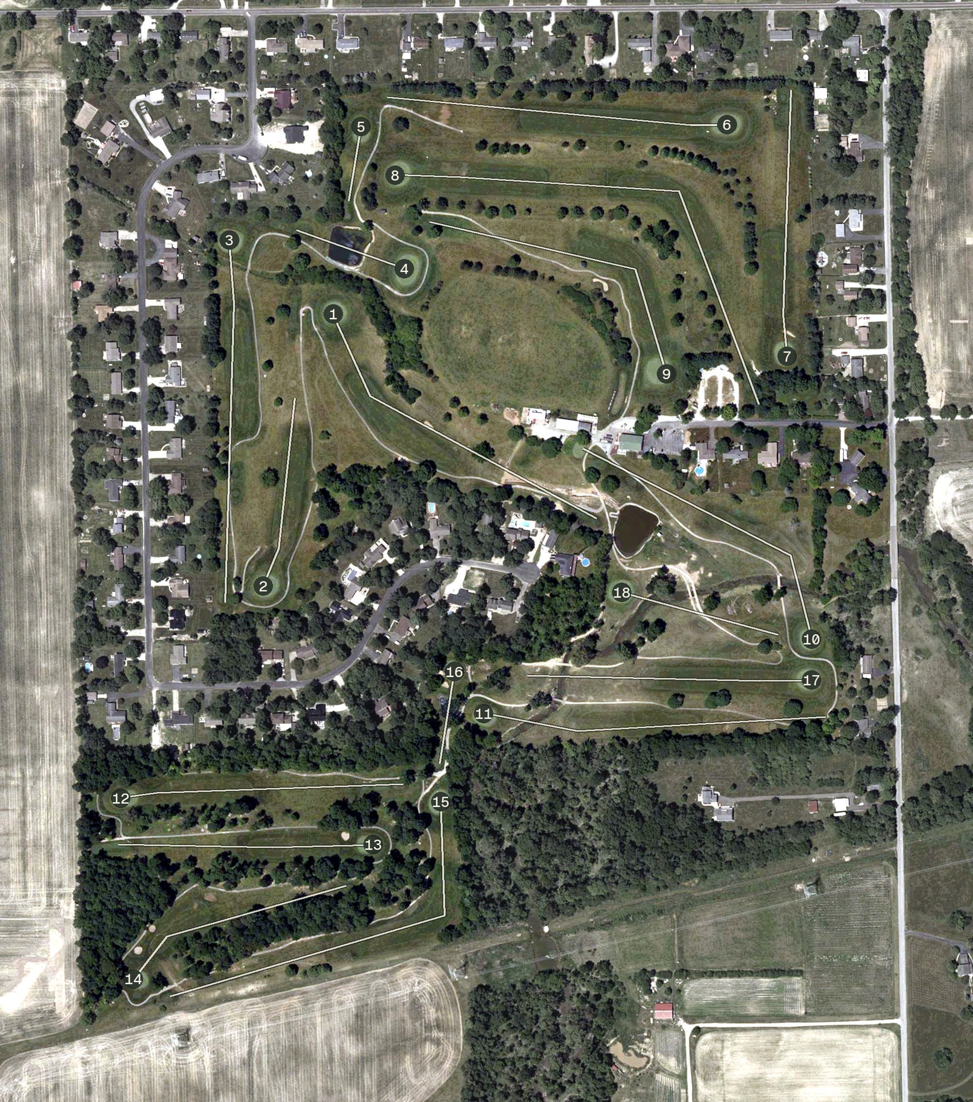 Aerial view of Arrowhead Golf Course, IN, with its hole routing marked