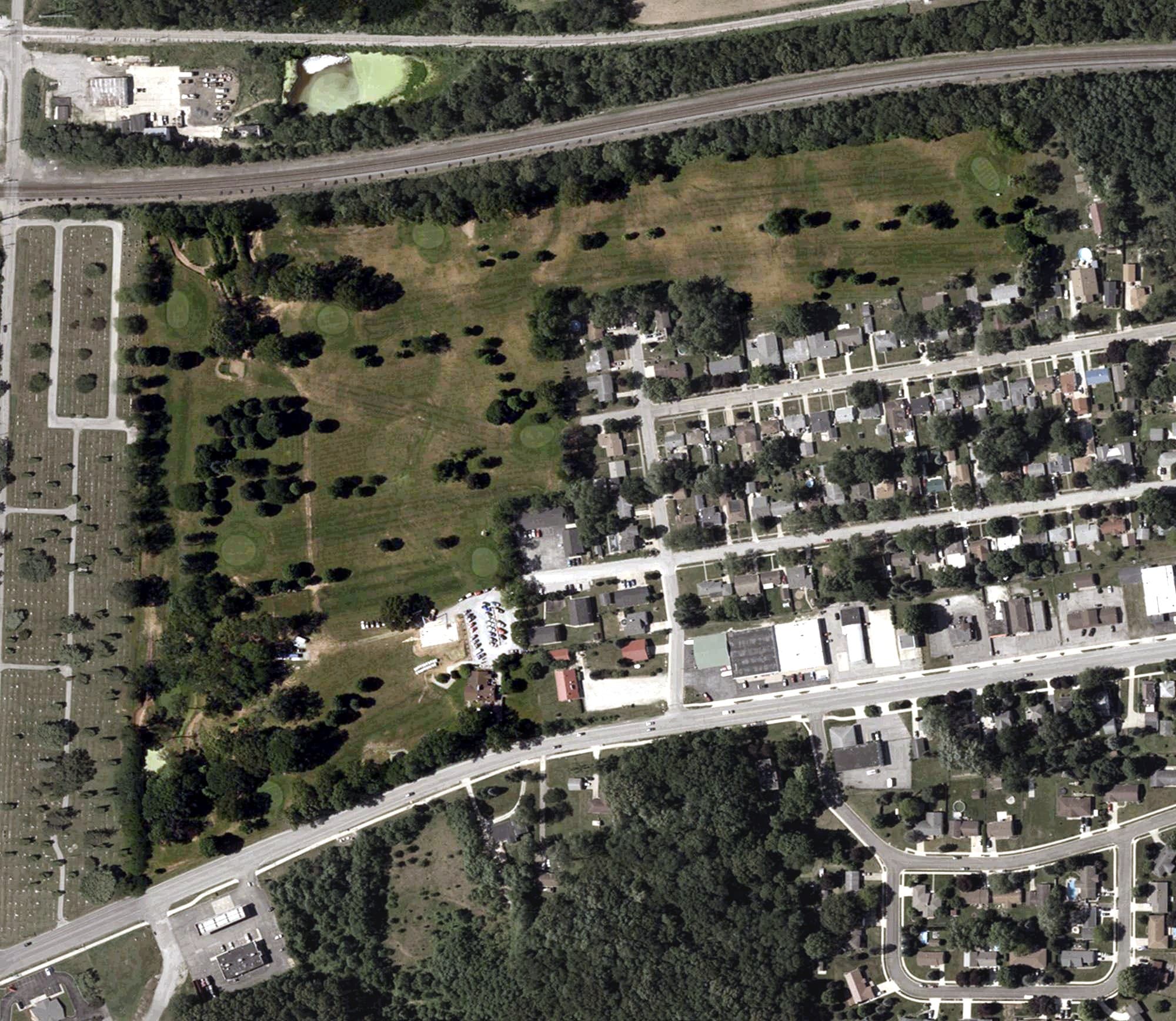 Aerial view of Birch Tree Golf Course, IN, with its hole routing marked
