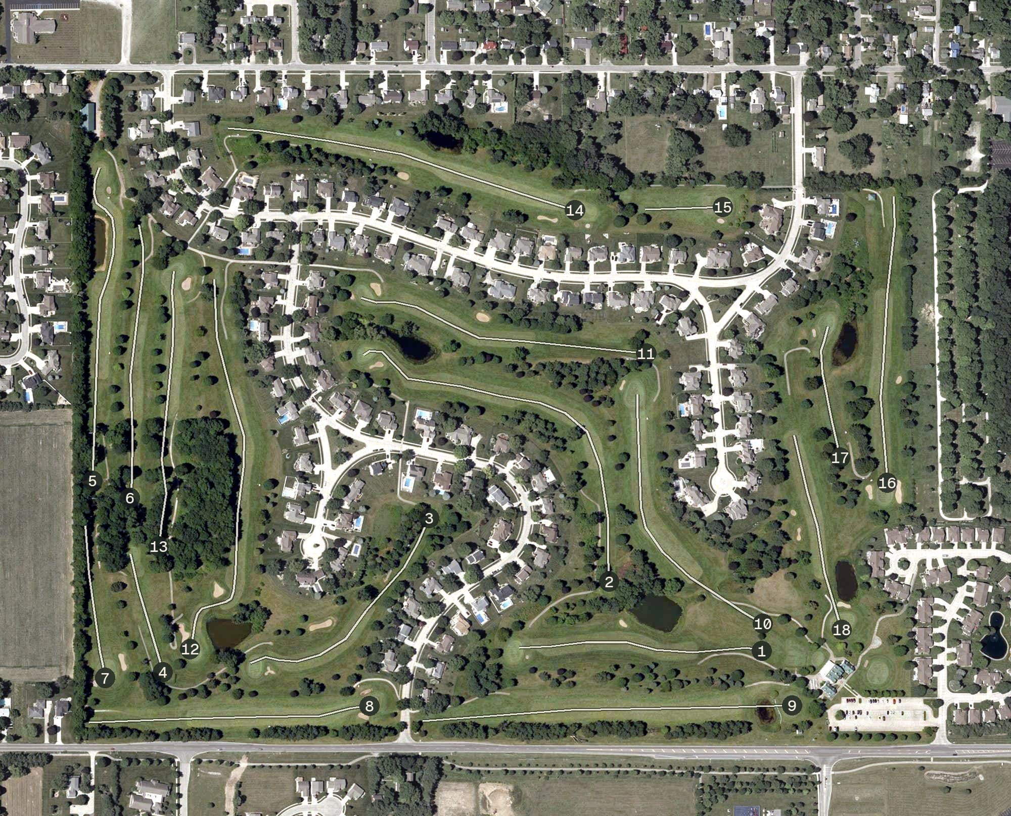 Aerial view of Black Squirrel Golf Club, IN, with its hole routing marked
