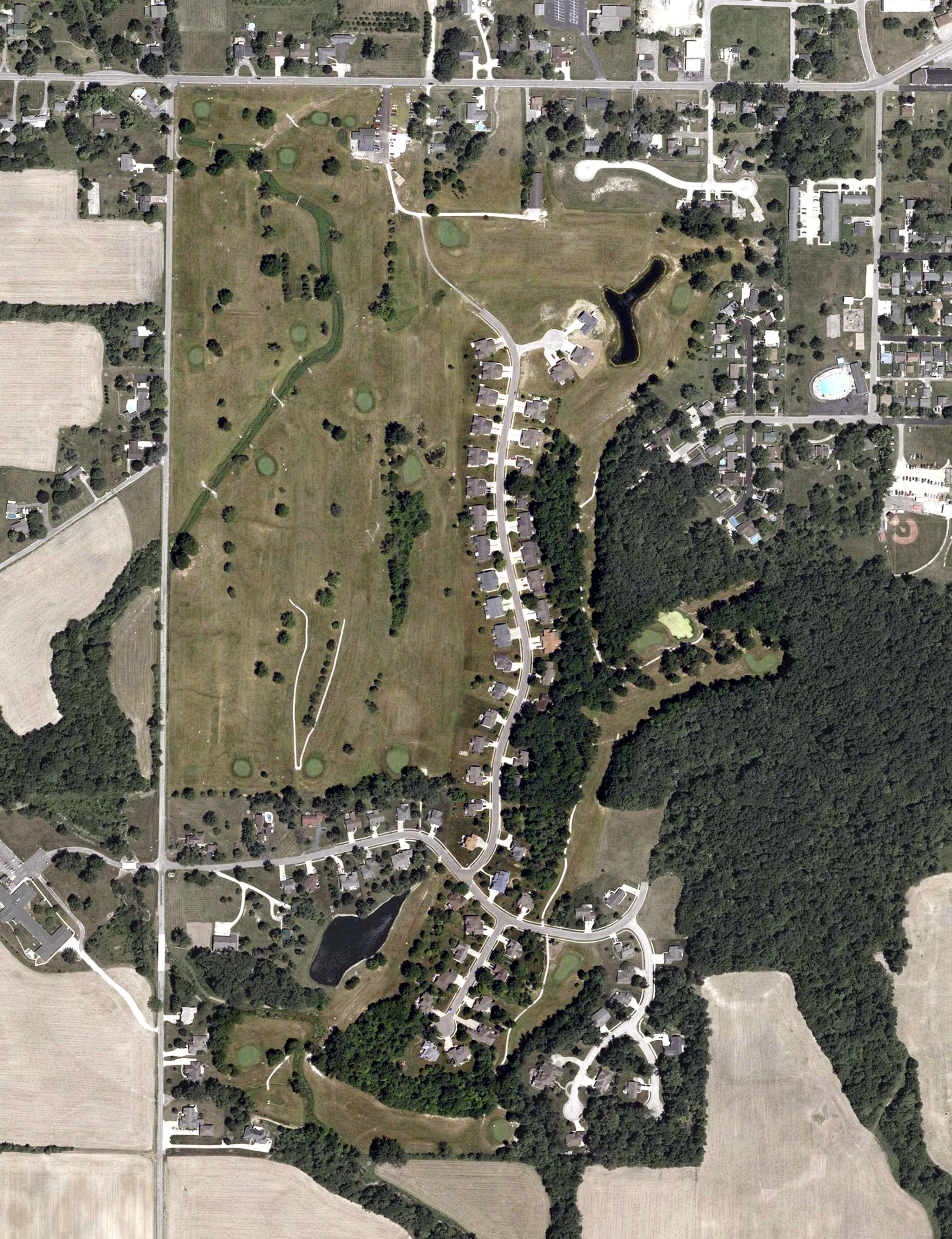 Aerial view of Blackford Golf Club, IN, with its hole routing marked