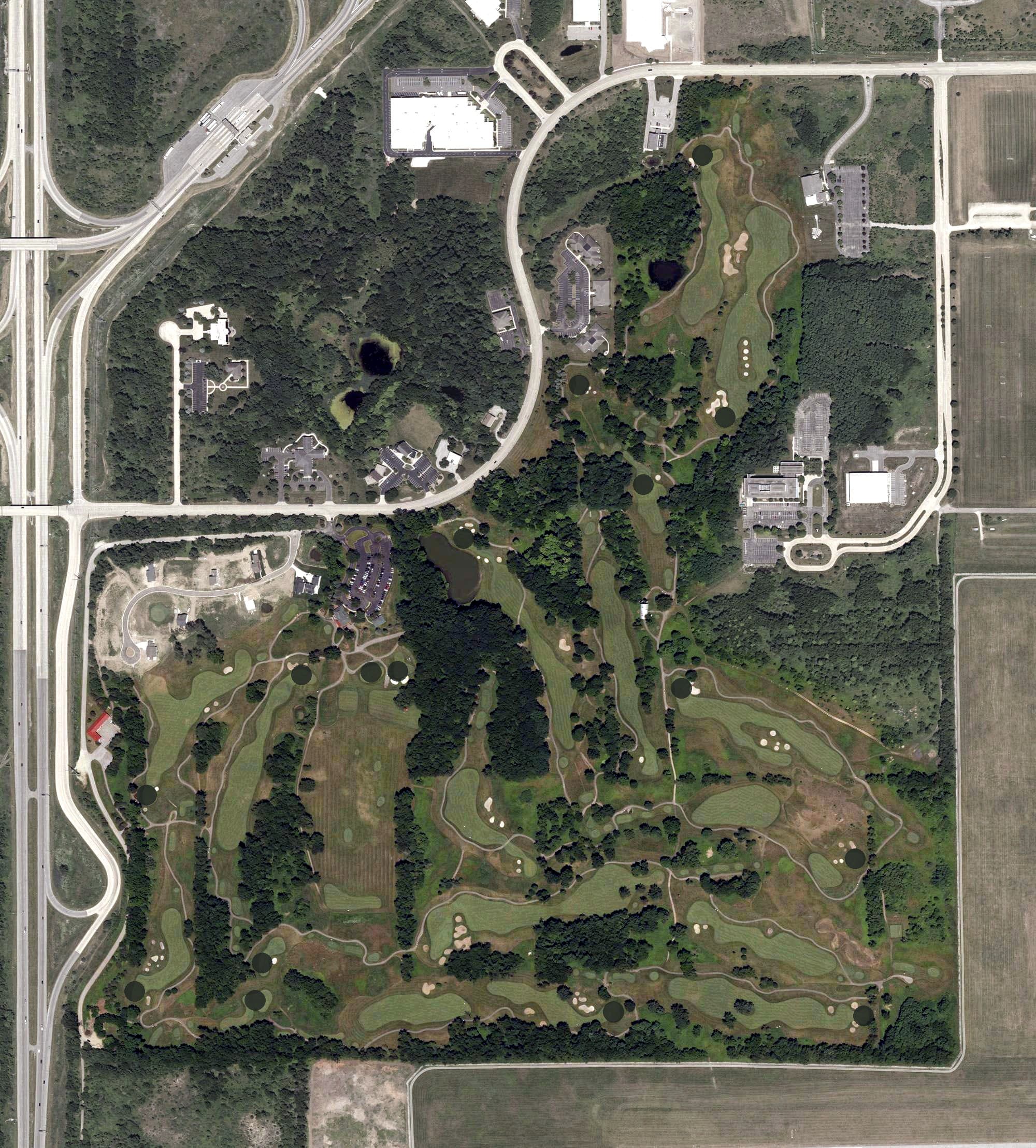 Aerial view of Blackthorn Golf Club, IN, with its hole routing marked