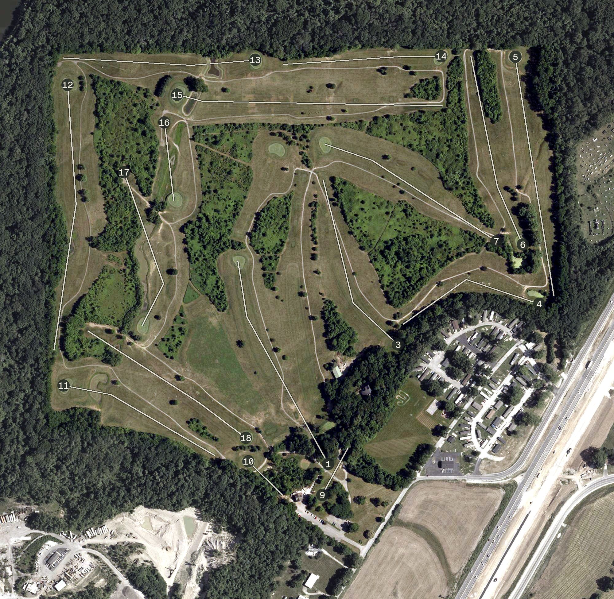 Aerial view of Bluff Creek Golf Course, IN, with its hole routing marked
