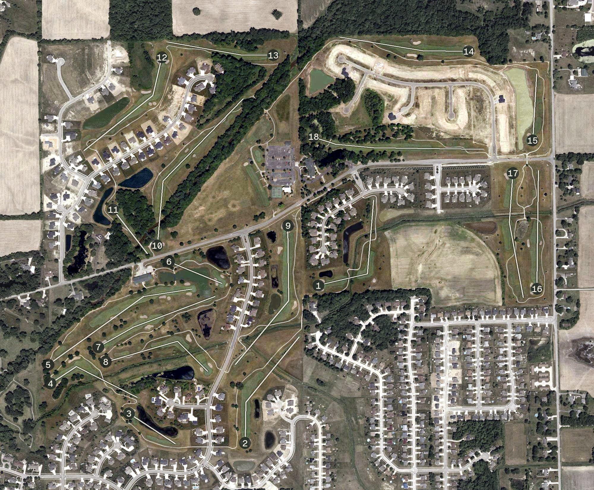 Aerial view of Bridgewater Golf Club, IN, with its hole routing marked