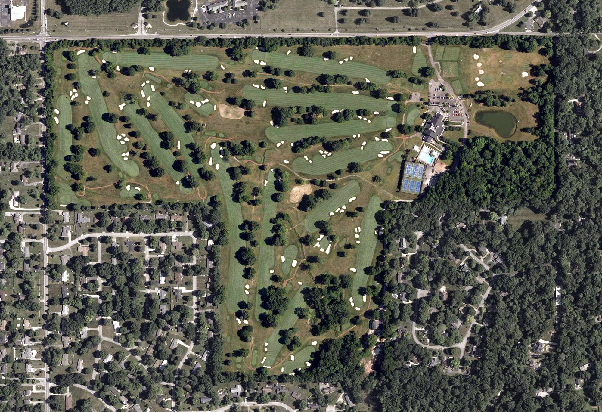 Aerial view of Broadmoor Country Club, IN, with its hole routing marked