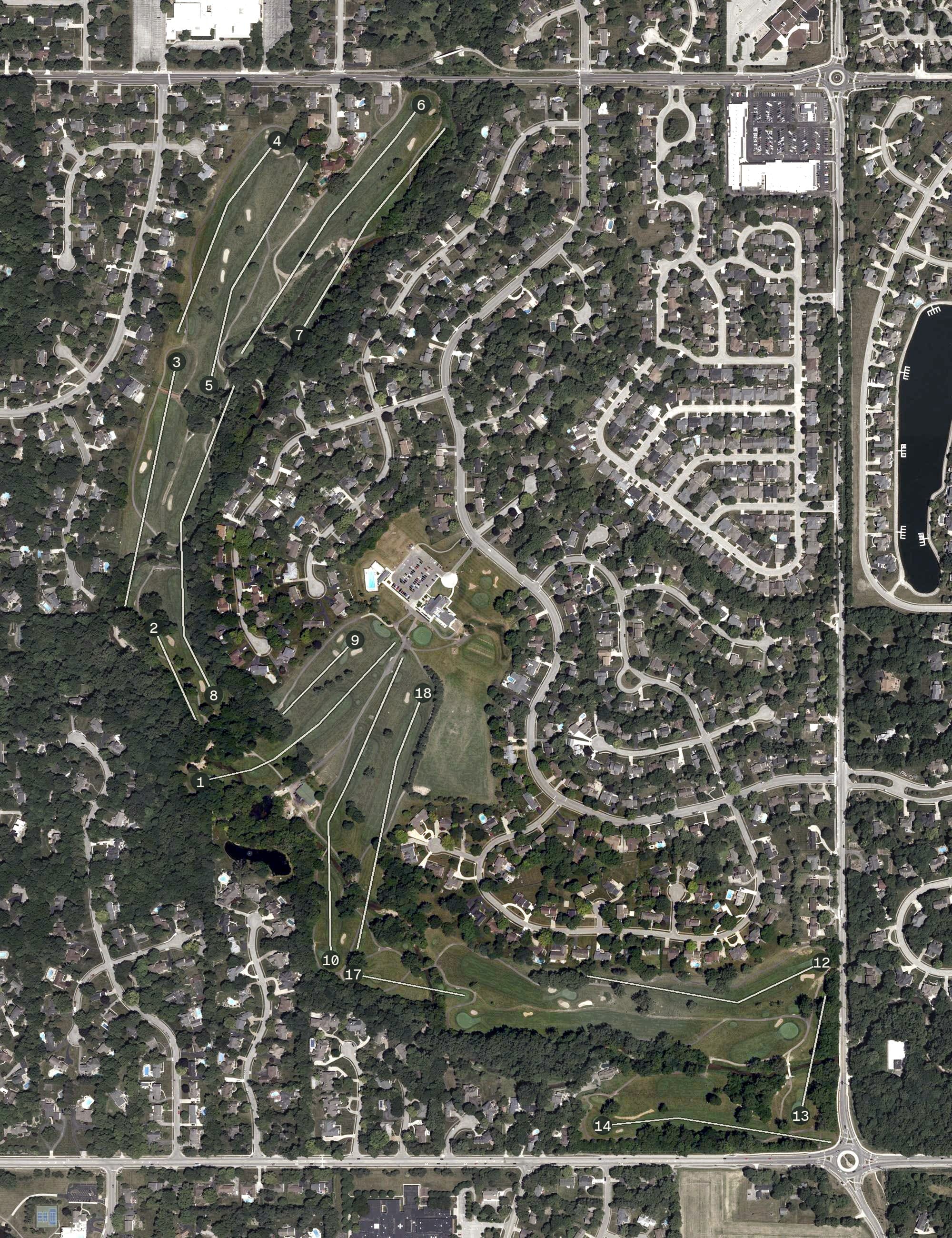 Aerial view of Brookshire Golf Club, IN, with its hole routing marked