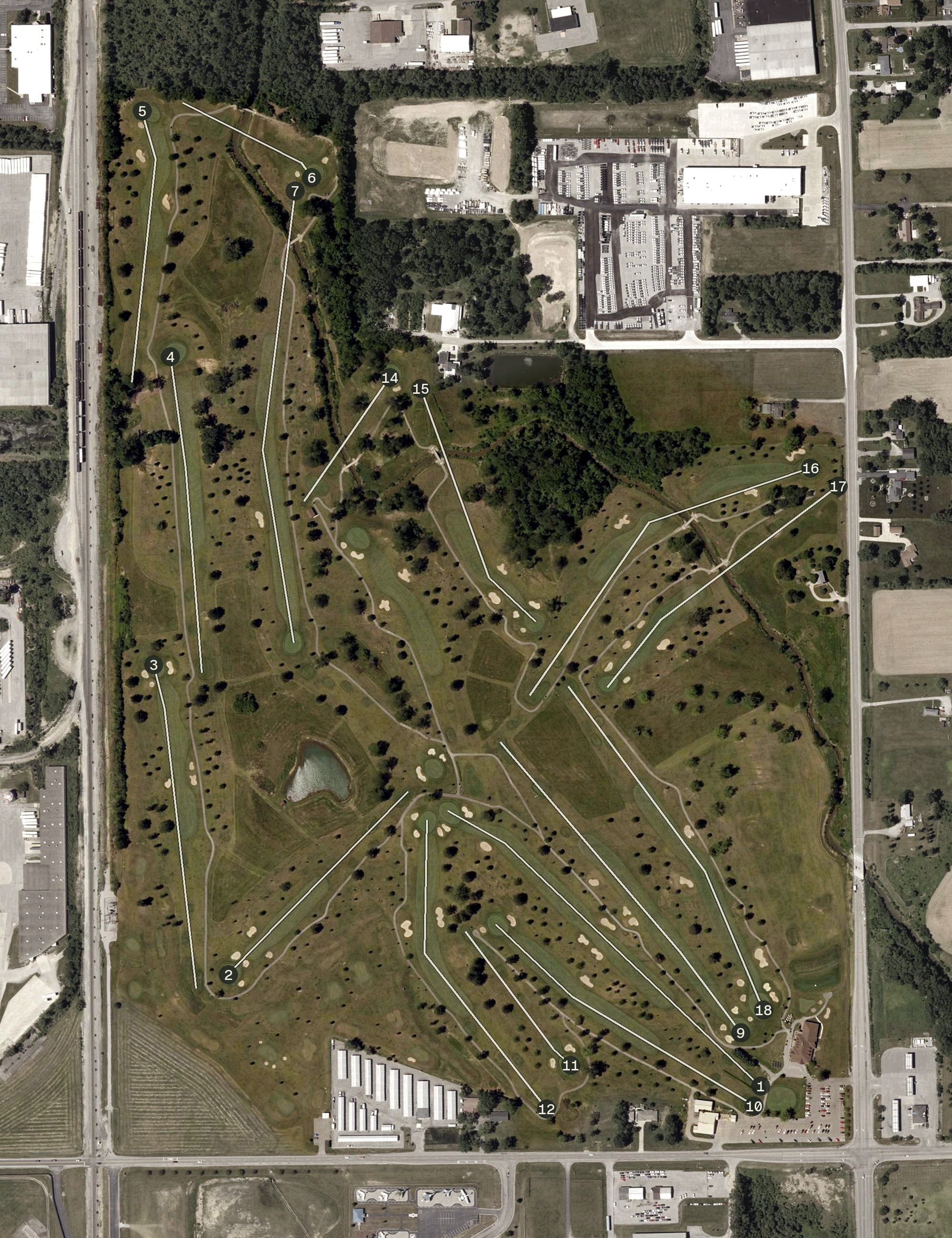 Aerial view of Brookwood Golf Club, IN, with its hole routing marked