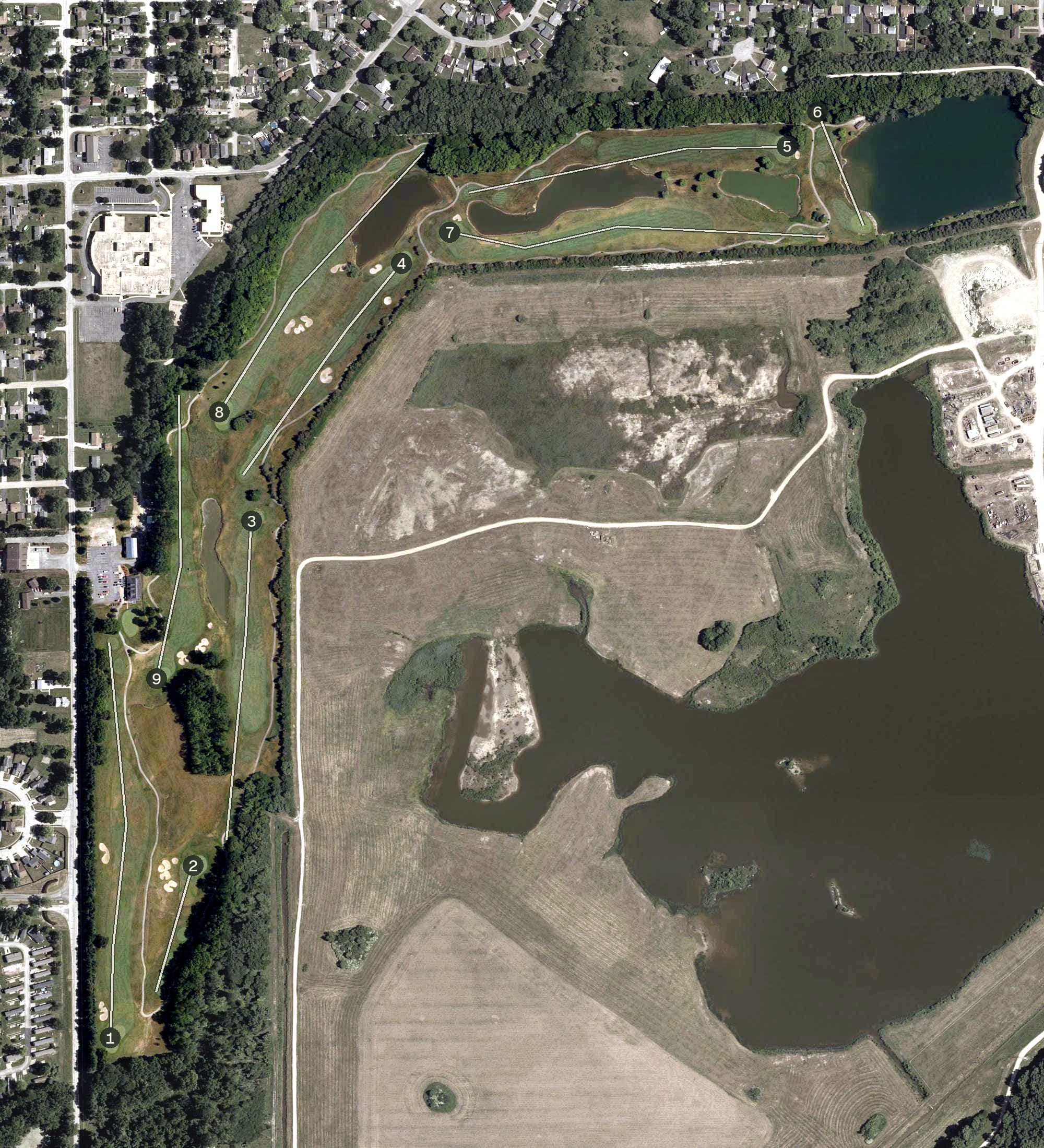 Aerial view of Buffer Park Golf Course, IN, with its hole routing marked