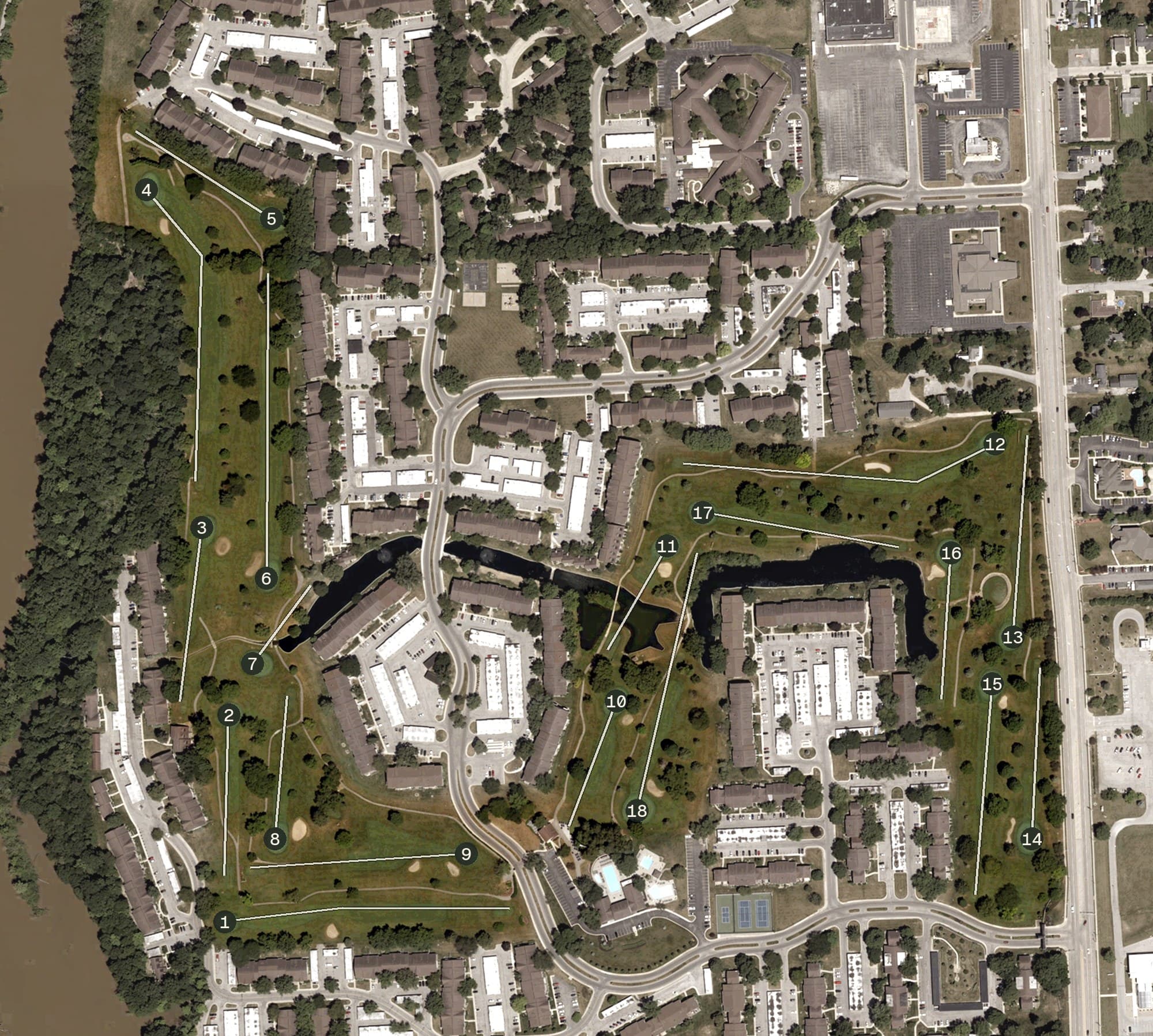 Aerial view of Canterbury Green Golf Course, IN, with its hole routing marked