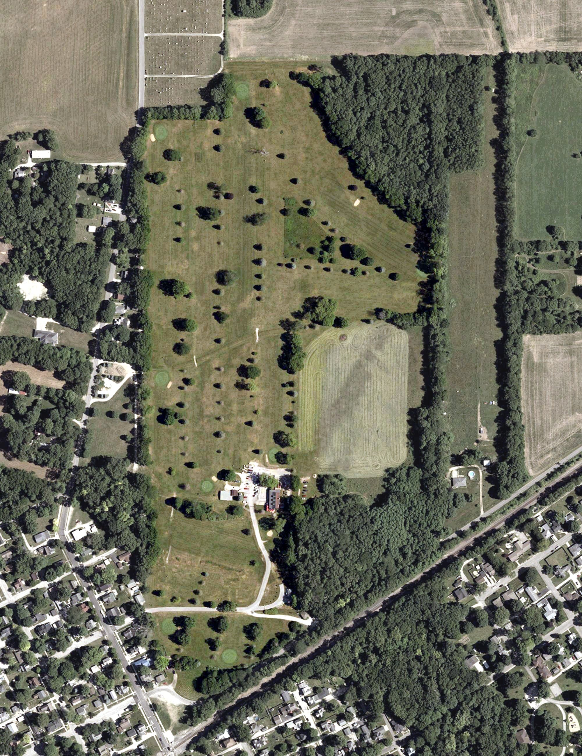 Aerial view of Carroll County Country Club, IN, with its hole routing marked