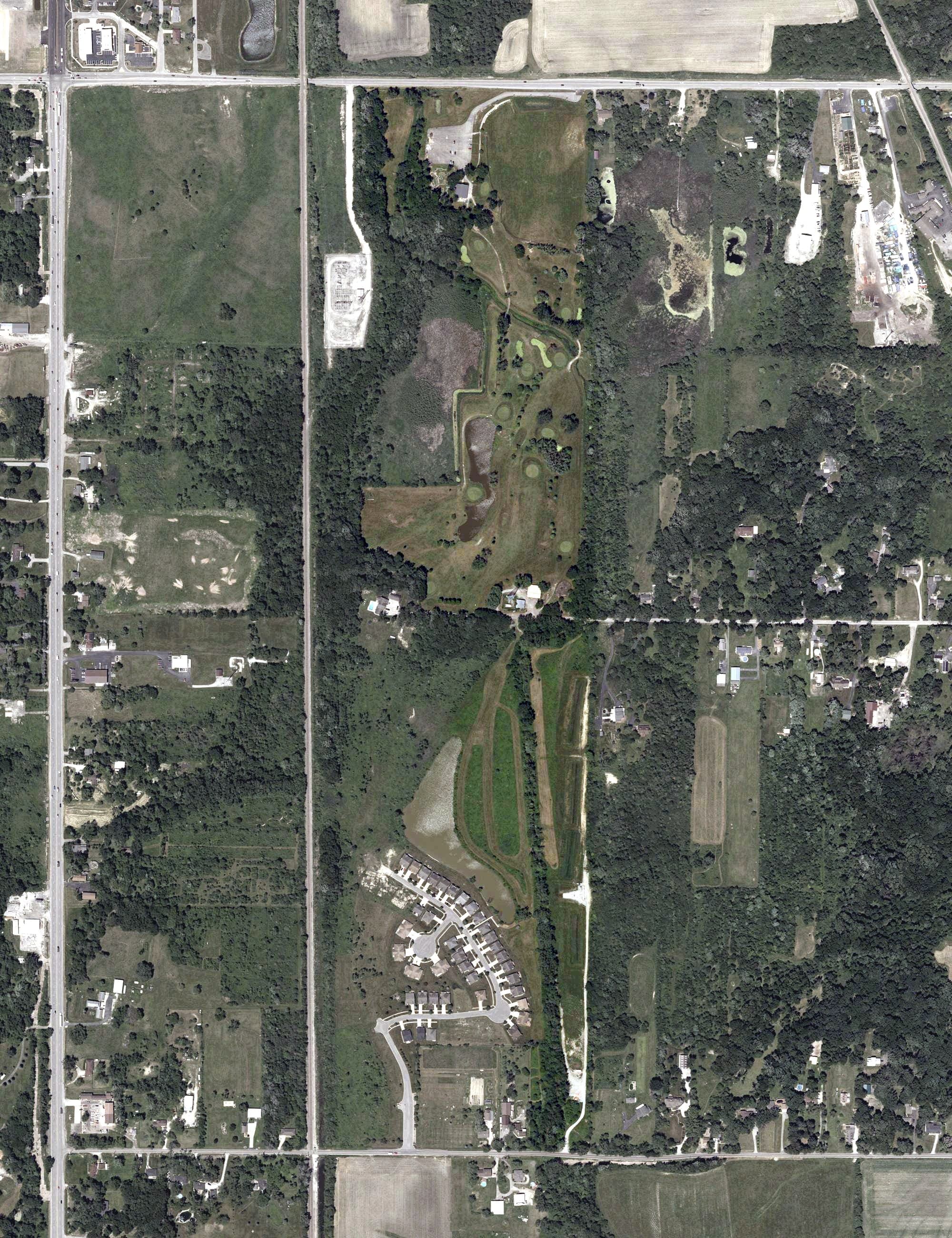 Aerial view of Cedar Creek Family Golf Center, IN, with its hole routing marked