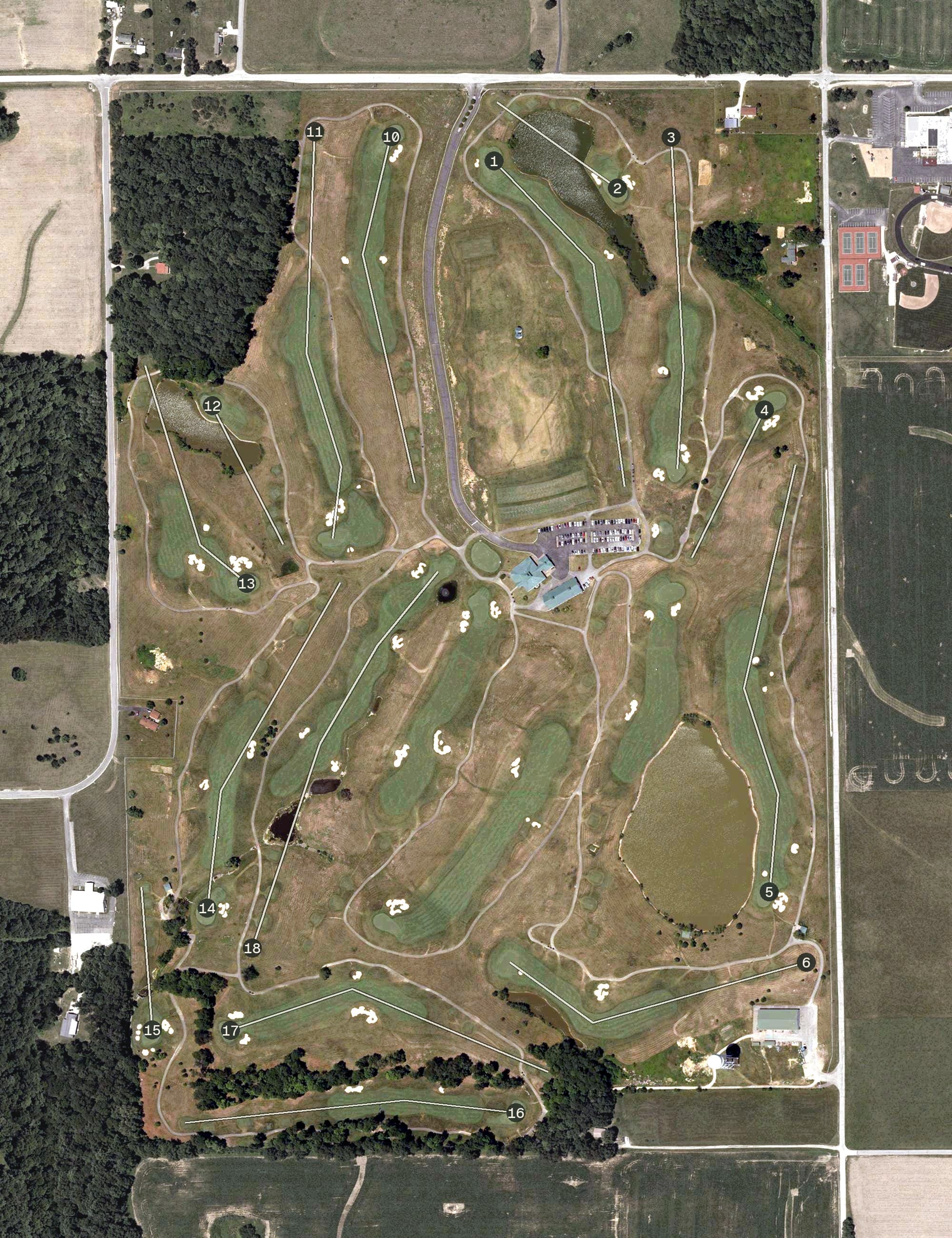 Aerial view of Chariot Run, IN, with its hole routing marked