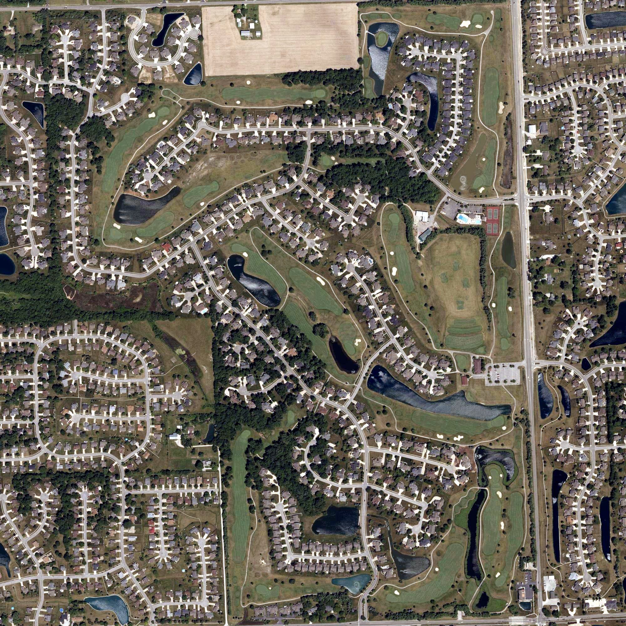 Aerial view of Cherry Hill Golf Club, IN, with its hole routing marked