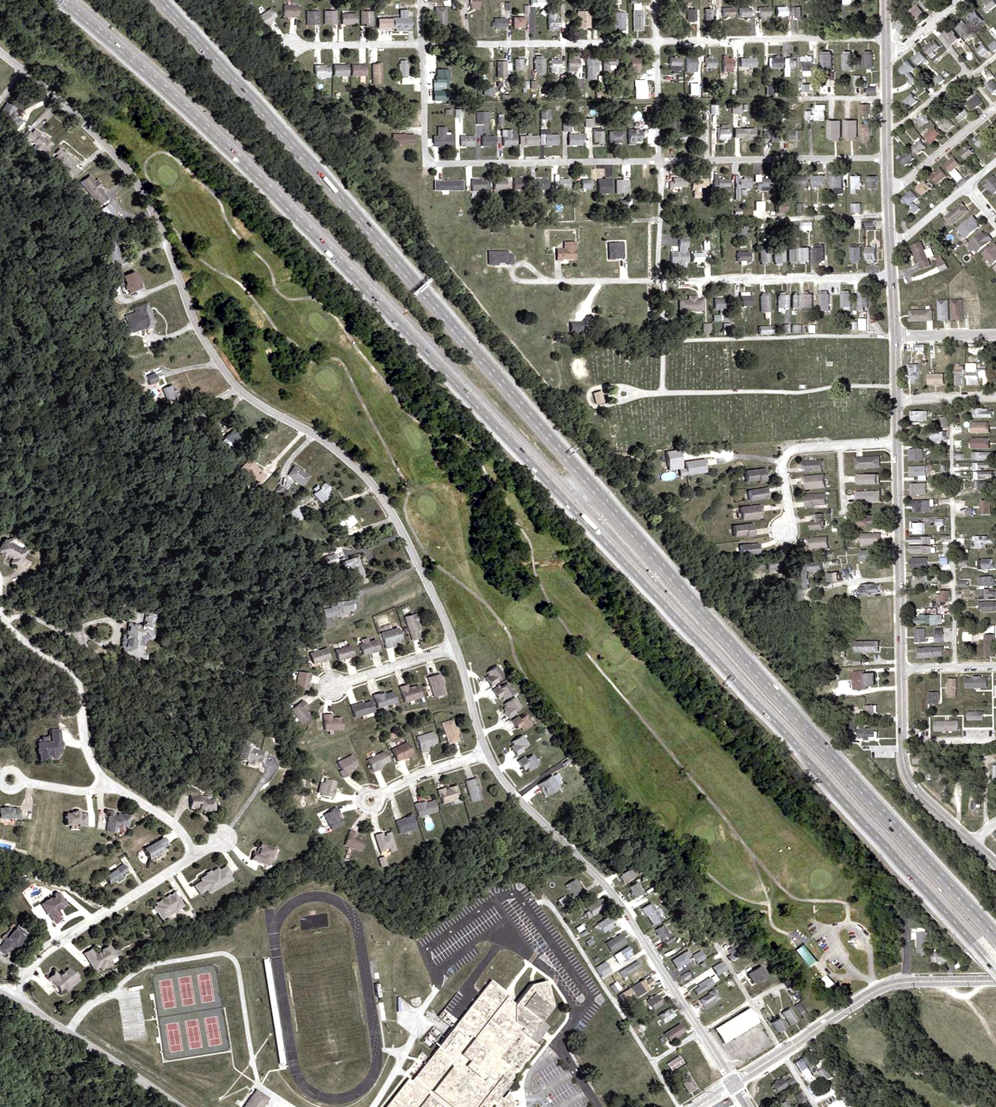 Aerial view of Cherry Valley Golf Course, IN, with its hole routing marked