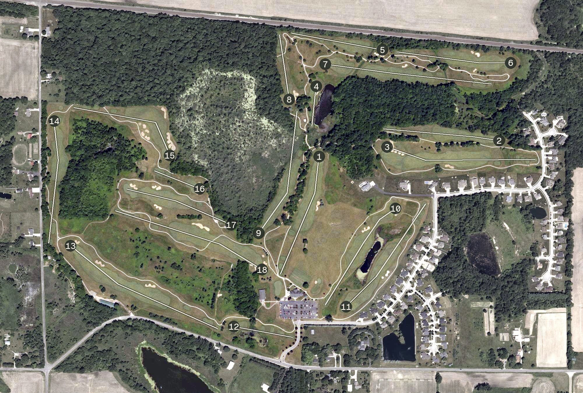 Aerial view of Cobblestone Golf Course, IN, with its hole routing marked