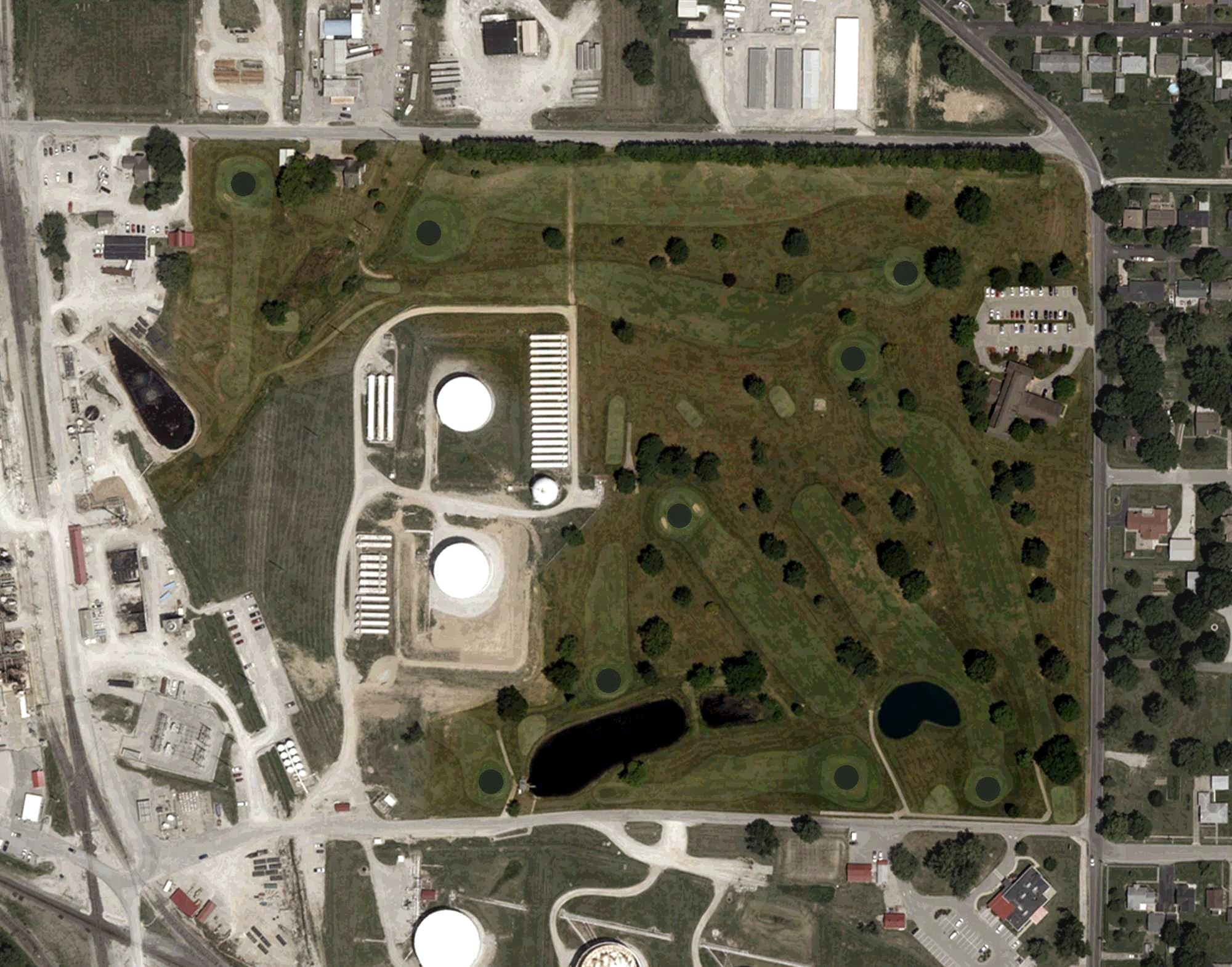Aerial view of Country Mark Golf Course, IN, with its hole routing marked