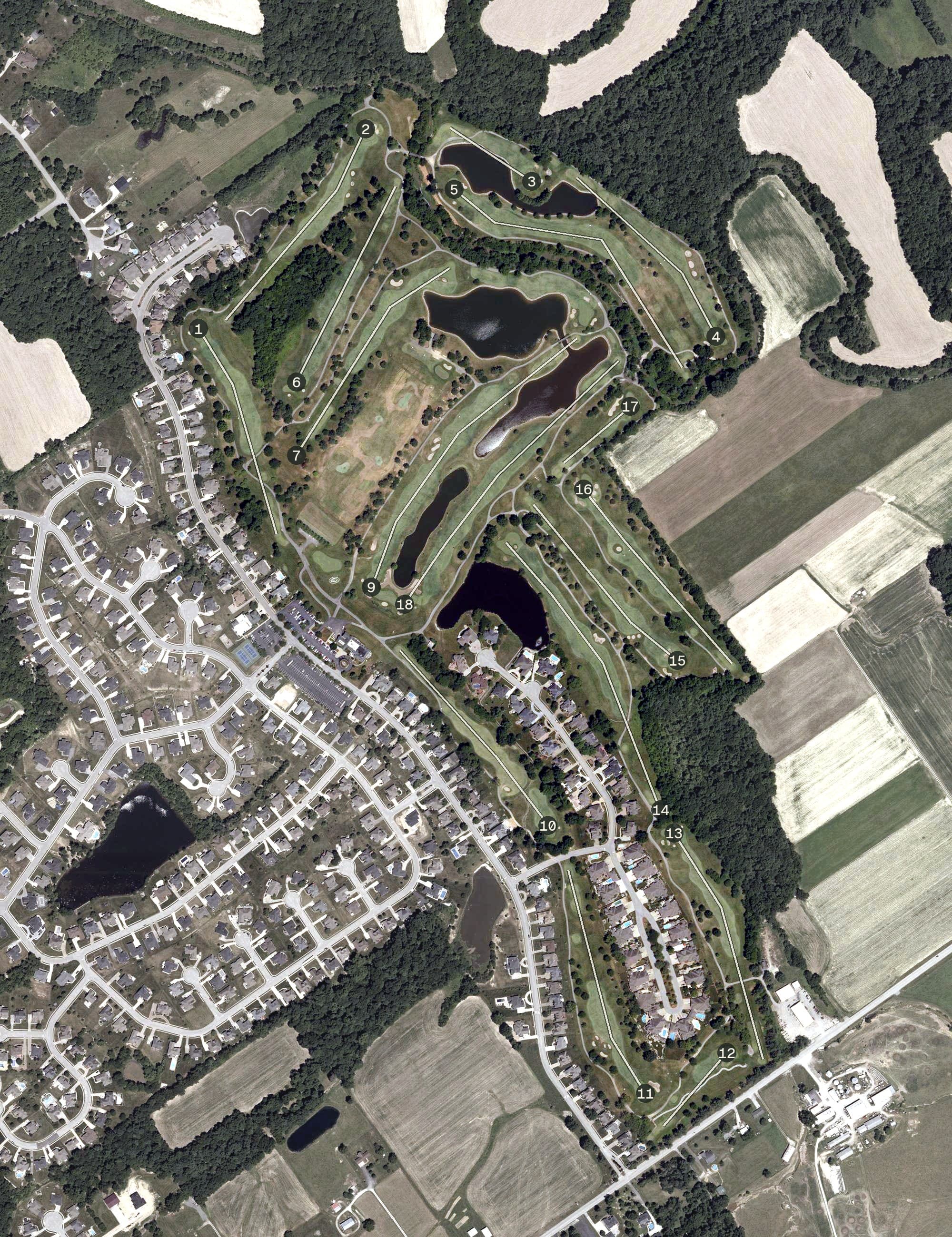 Aerial view of Covered Bridge Golf Club, IN, with its hole routing marked