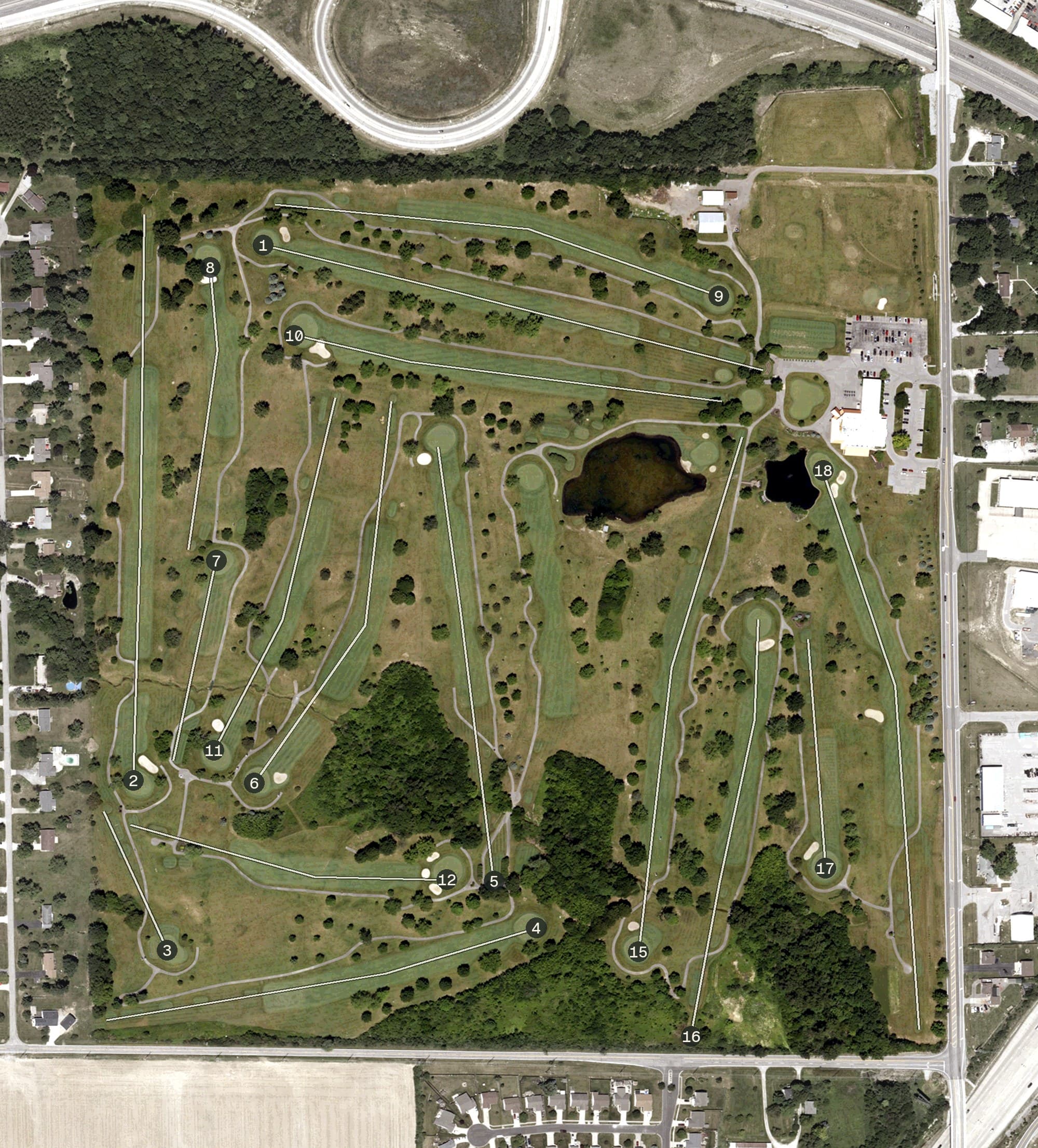 Aerial view of Coyote Creek Golf Club, IN, with its hole routing marked