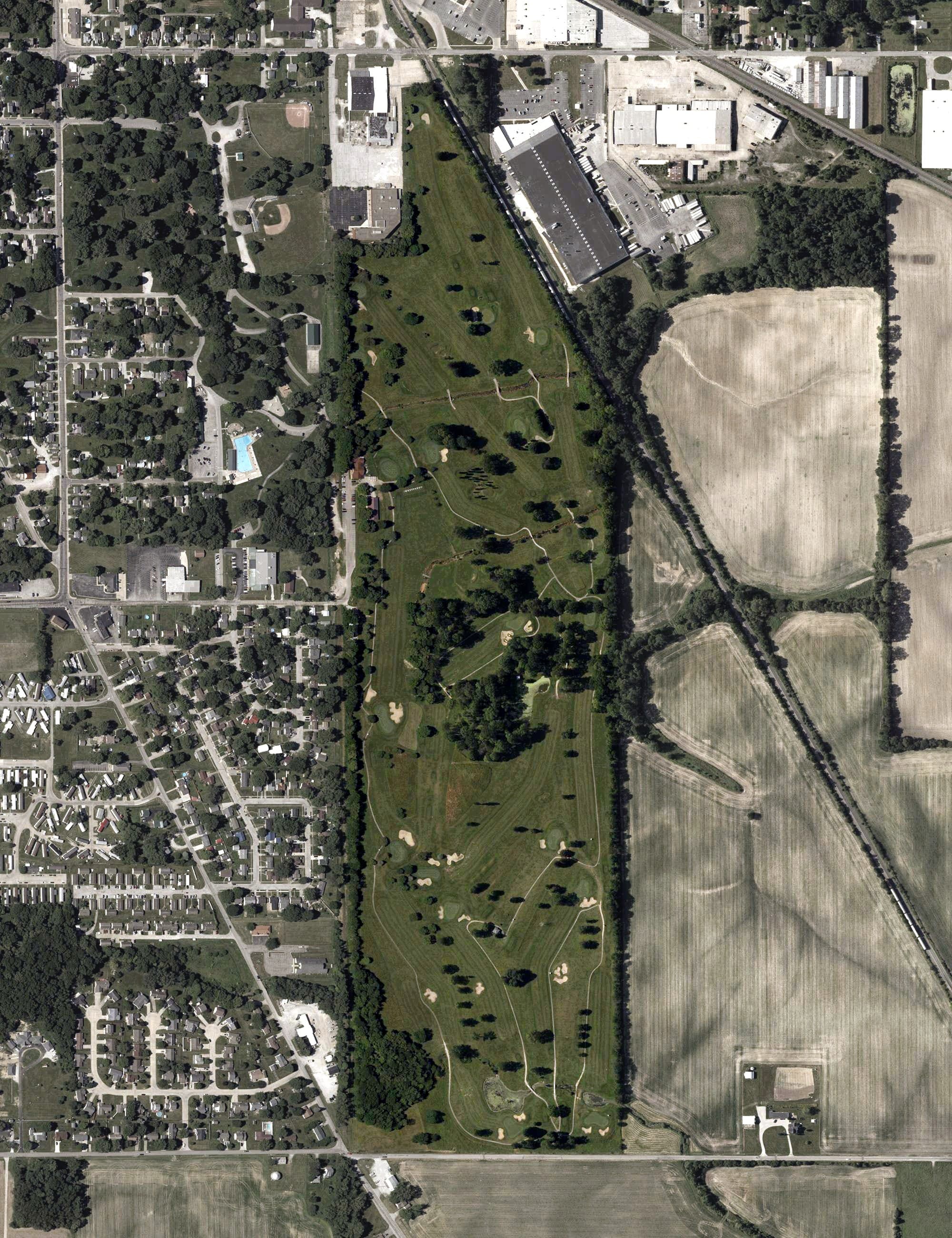Aerial view of Crawfordsville Golf Course, IN, with its hole routing marked