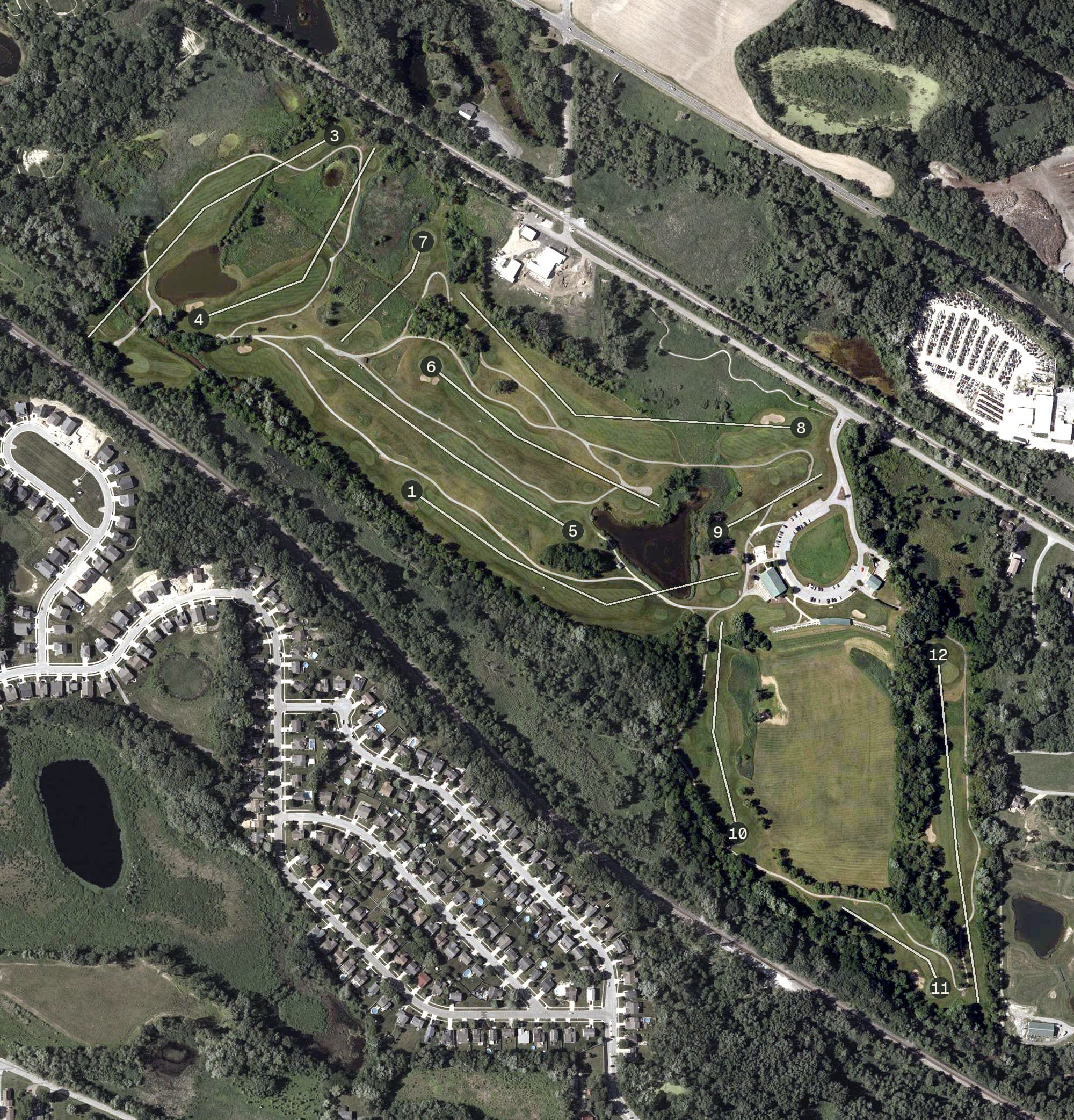 Aerial view of Creekside Golf Course, IN, with its hole routing marked