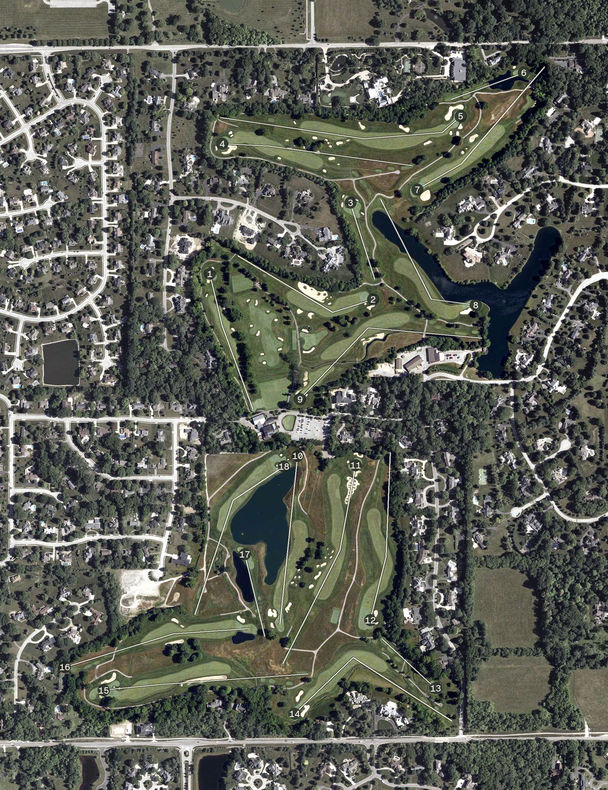 Aerial view of Crooked Stick Golf Club, IN, with its hole routing marked
