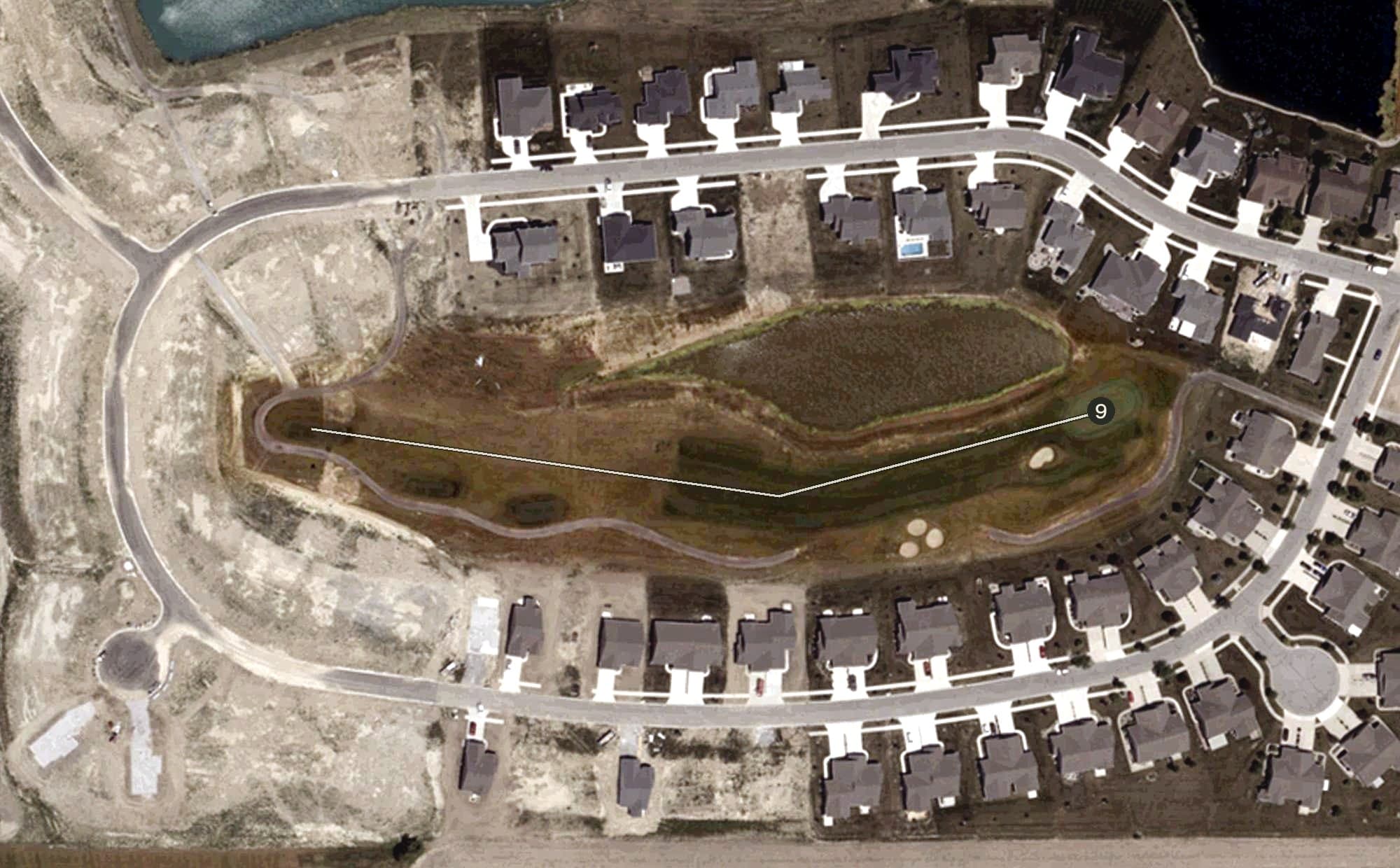Aerial view of Cross Creek Golf Club, IN, with its hole routing marked