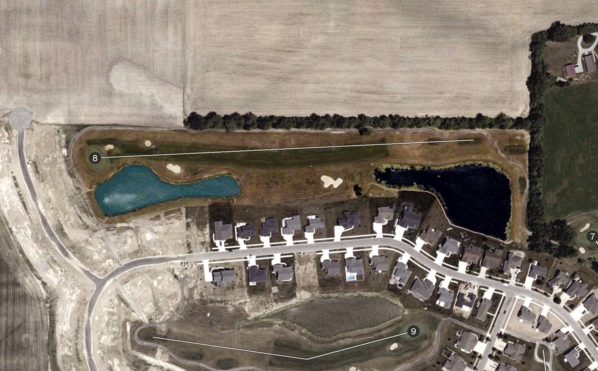 Aerial view of Cross Creek Golf Club, IN, with its hole routing marked