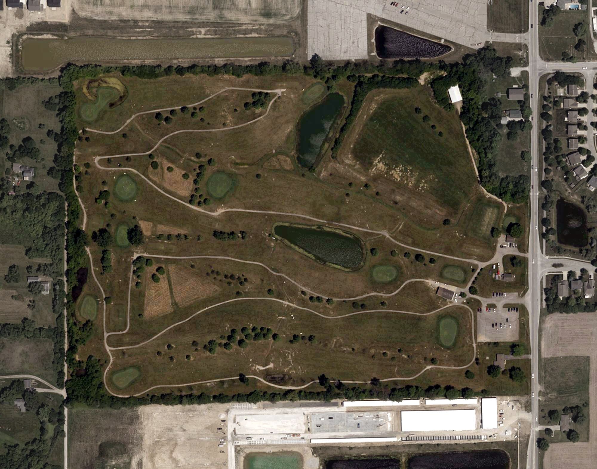 Aerial view of Dakota Landing Golf Course, IN, with its hole routing marked