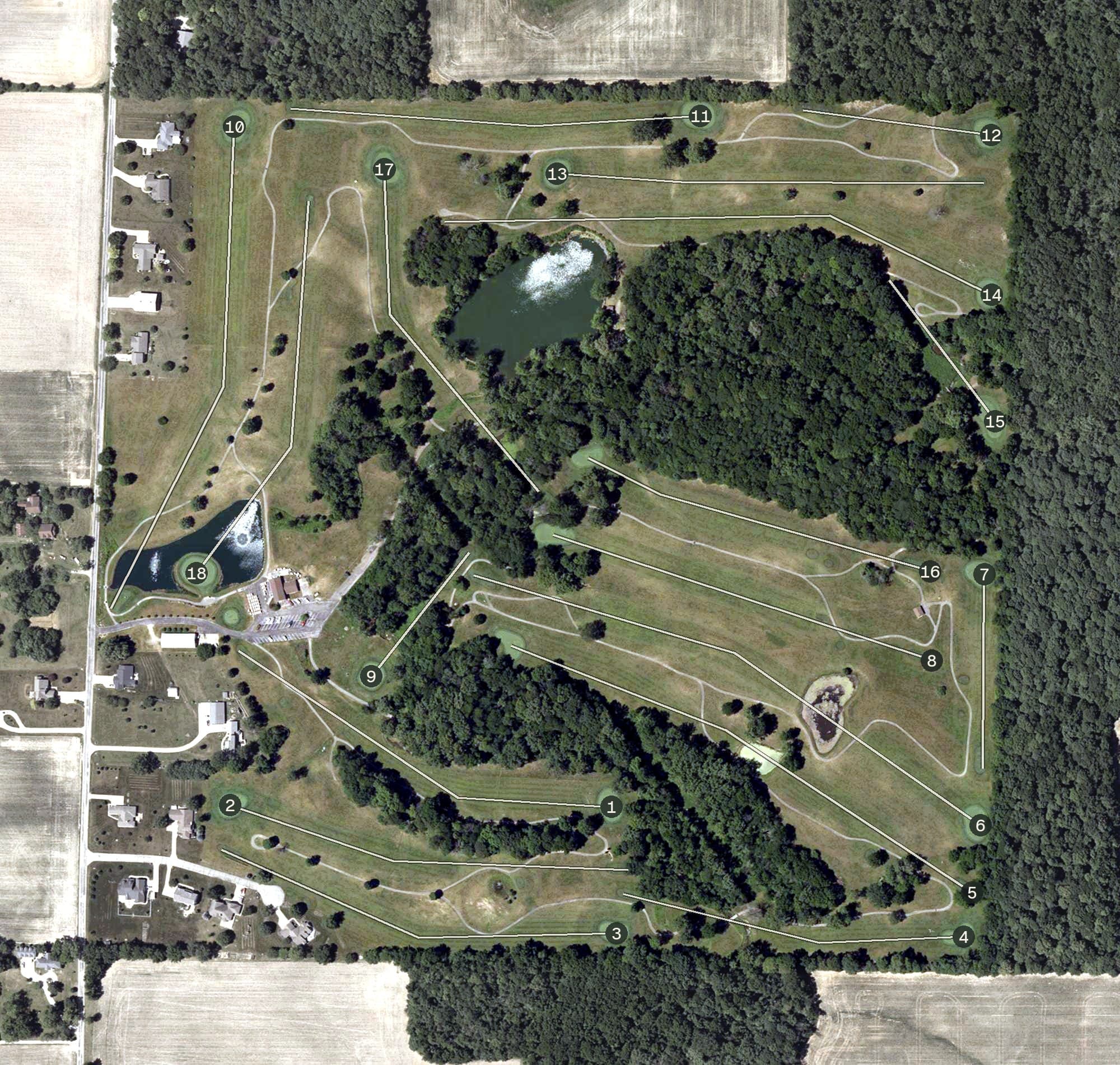 Aerial view of Deer Track Golf, IN, with its hole routing marked