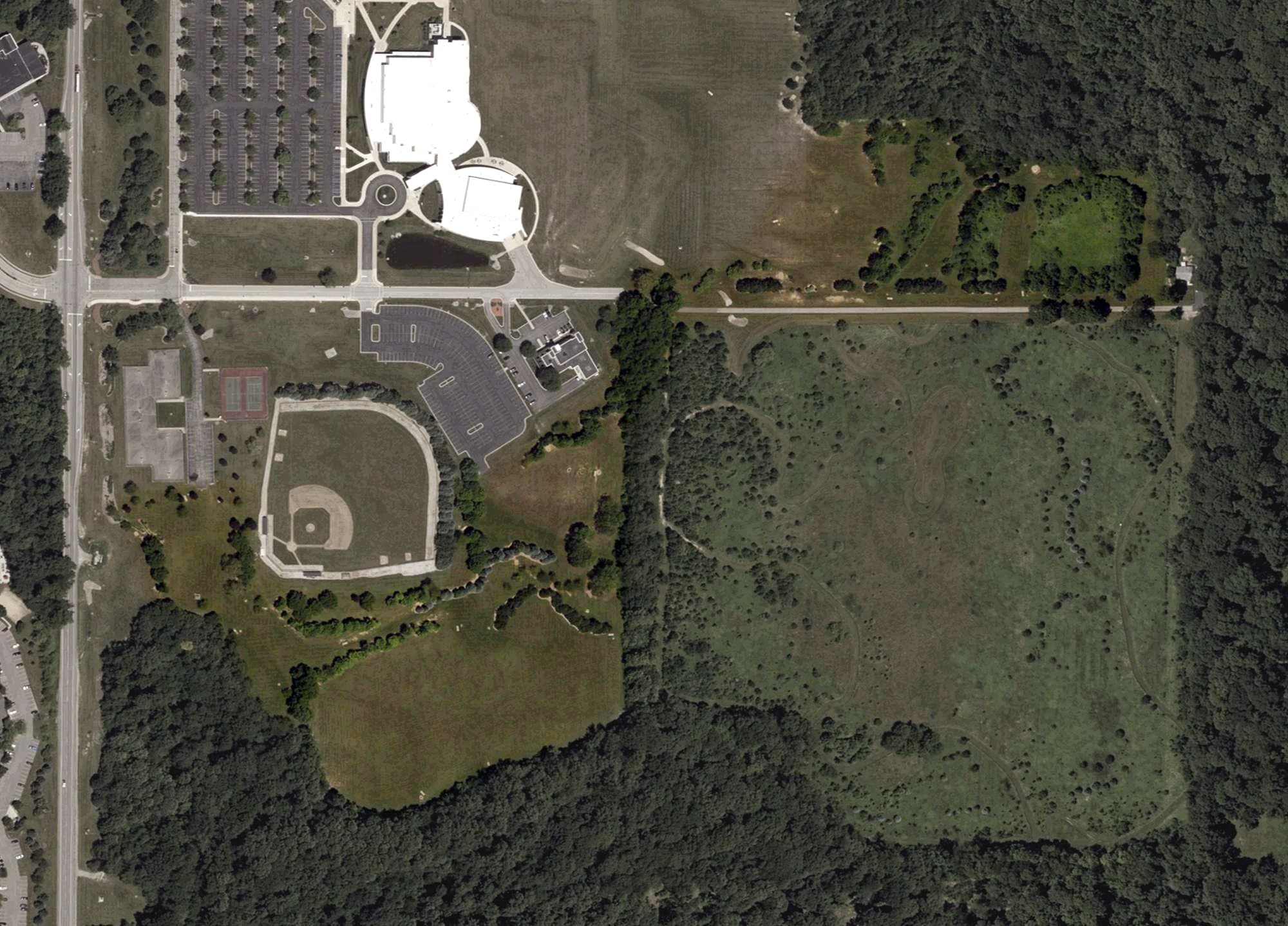 Aerial view of Disk Golf Course, IN, with its hole routing marked