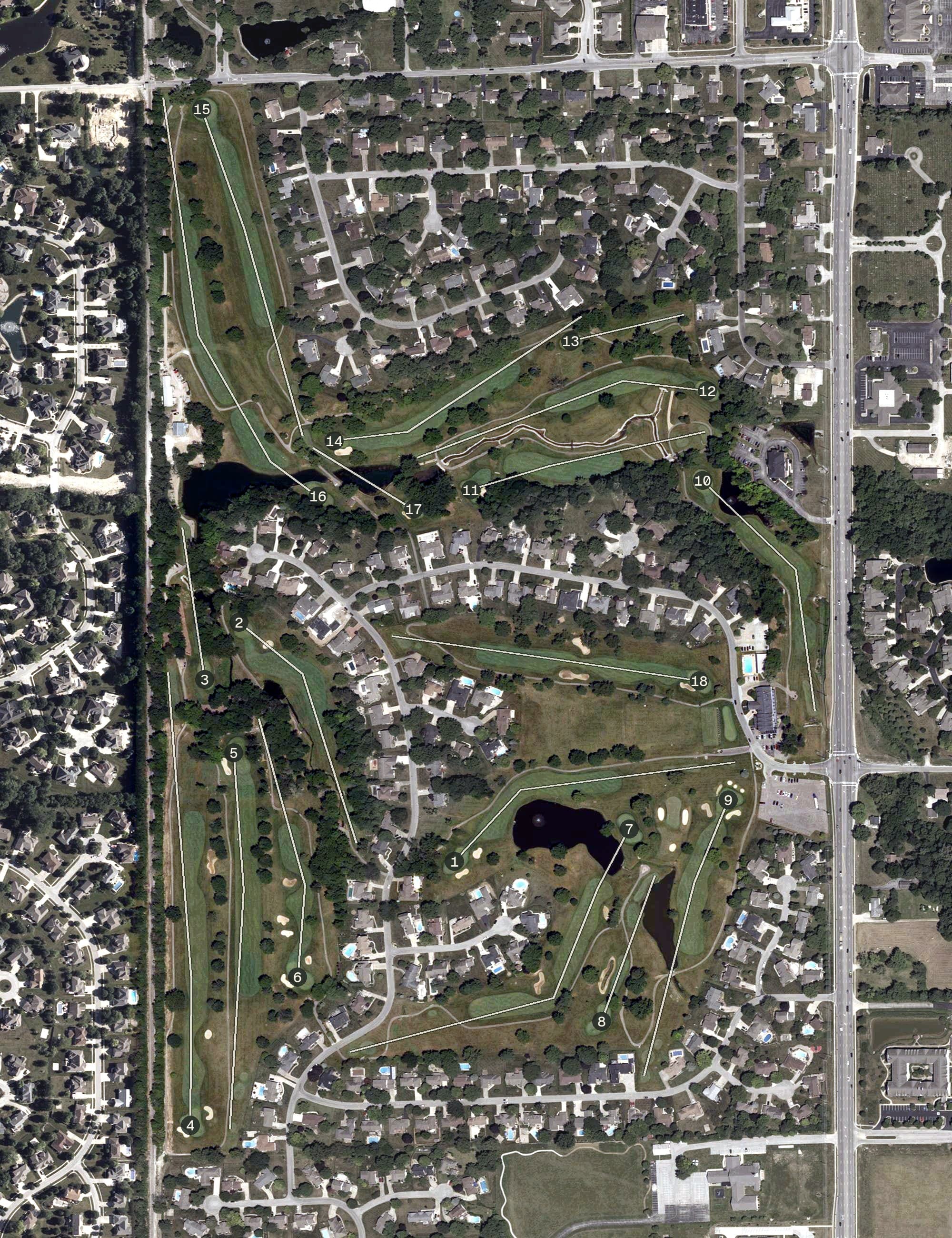 Aerial view of Dye's Walk Country Club, IN, with its hole routing marked