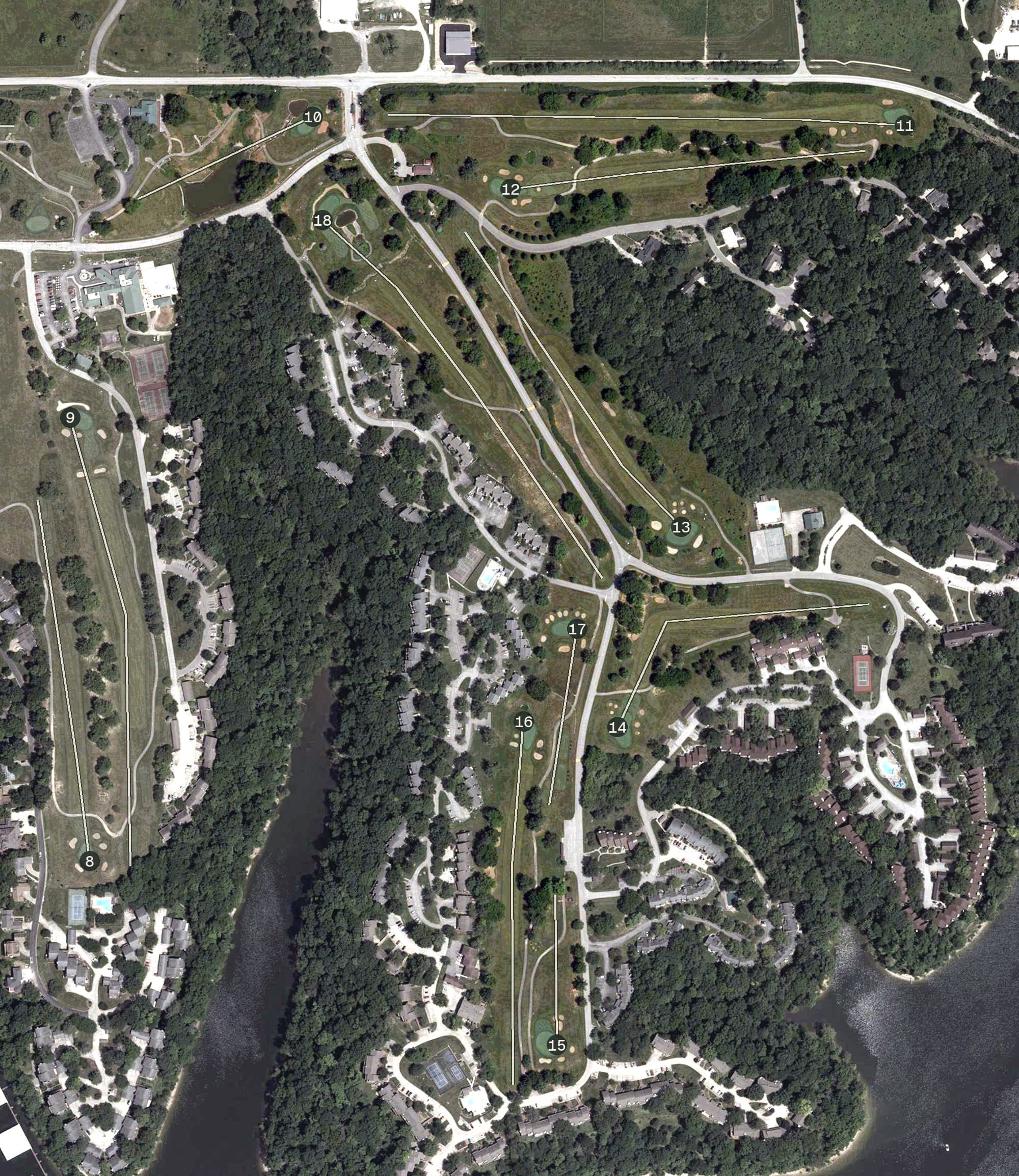 Aerial view of Eagle Pointe Back 9, IN, with its hole routing marked