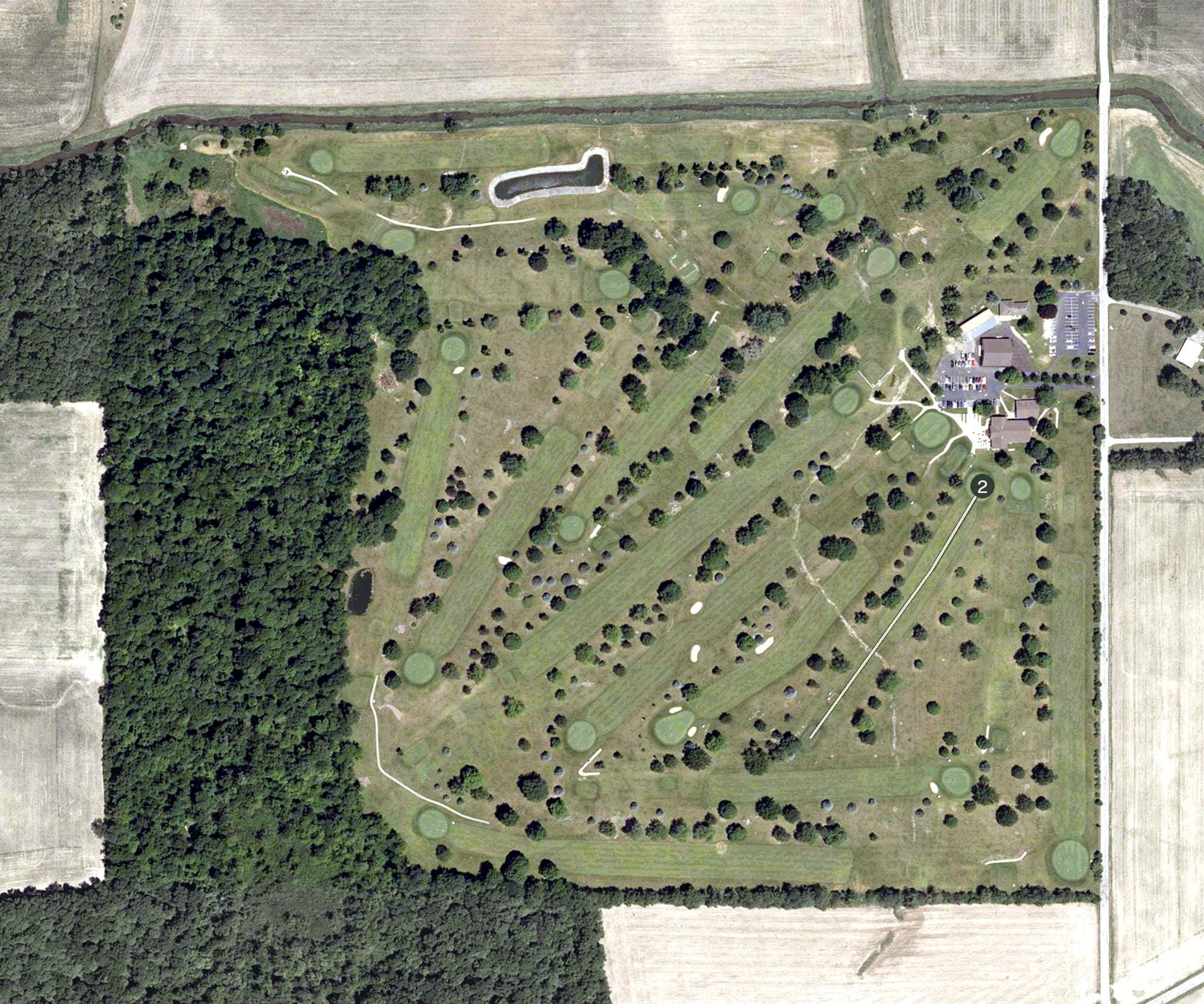 Aerial view of Eel River Golf Course, IN, with its hole routing marked