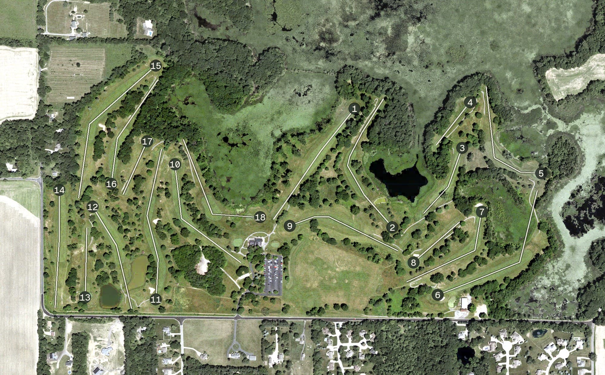 Aerial view of Elbel Golf Course, IN, with its hole routing marked