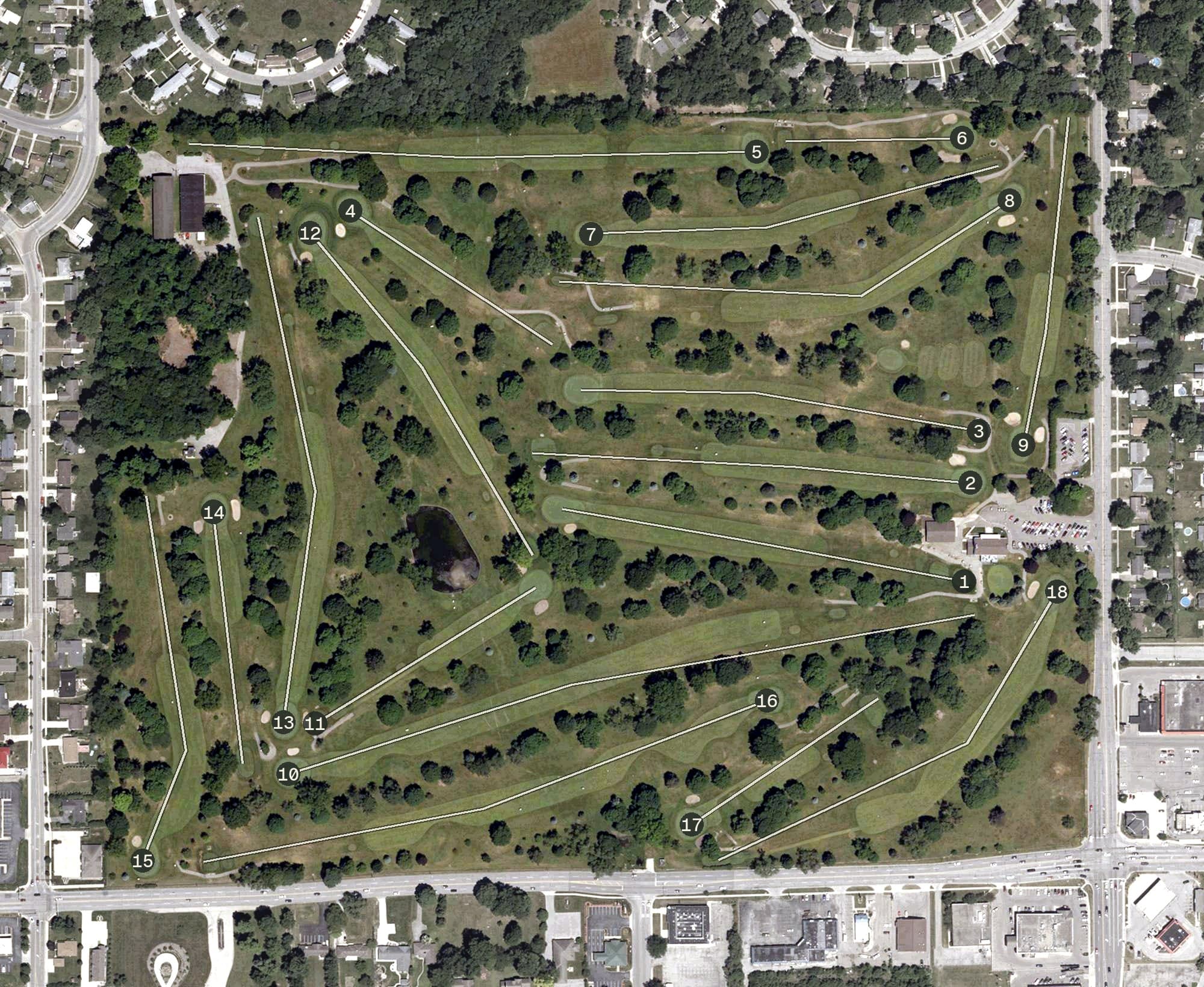 Aerial view of Erskine Golf Course, IN, with its hole routing marked