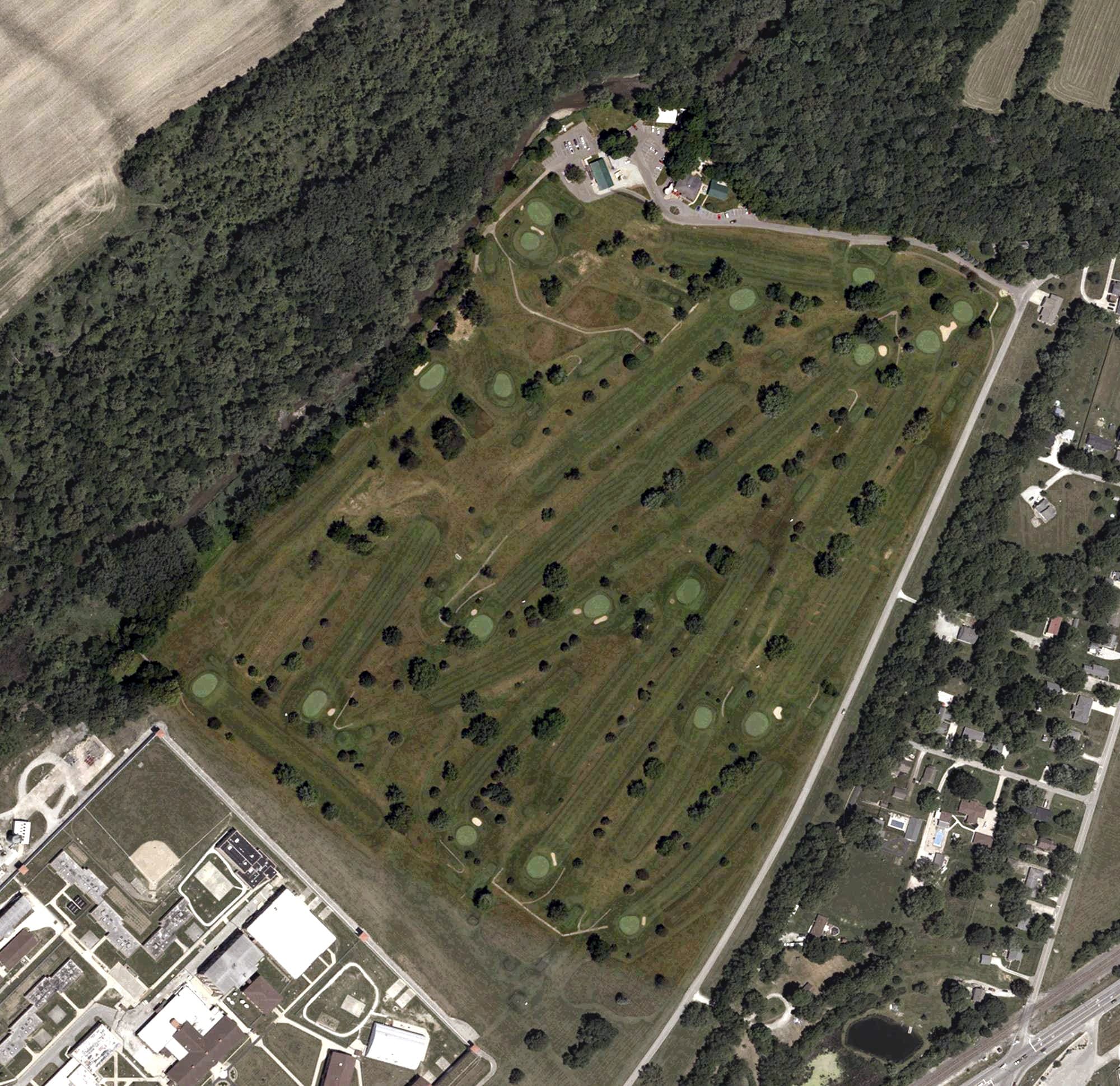 Aerial view of Fall Creek Golf Club, IN, with its hole routing marked