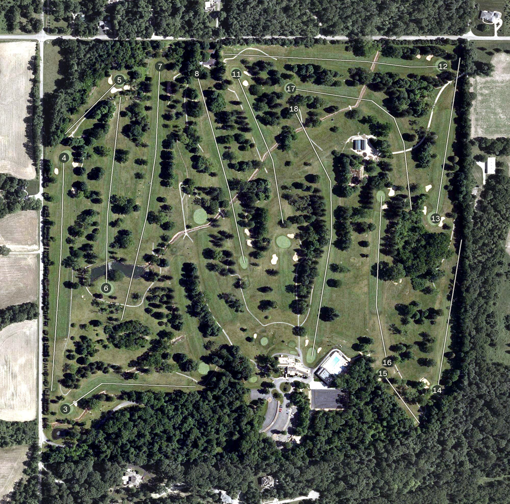 Aerial view of Forest Hills Country Club, IN, with its hole routing marked