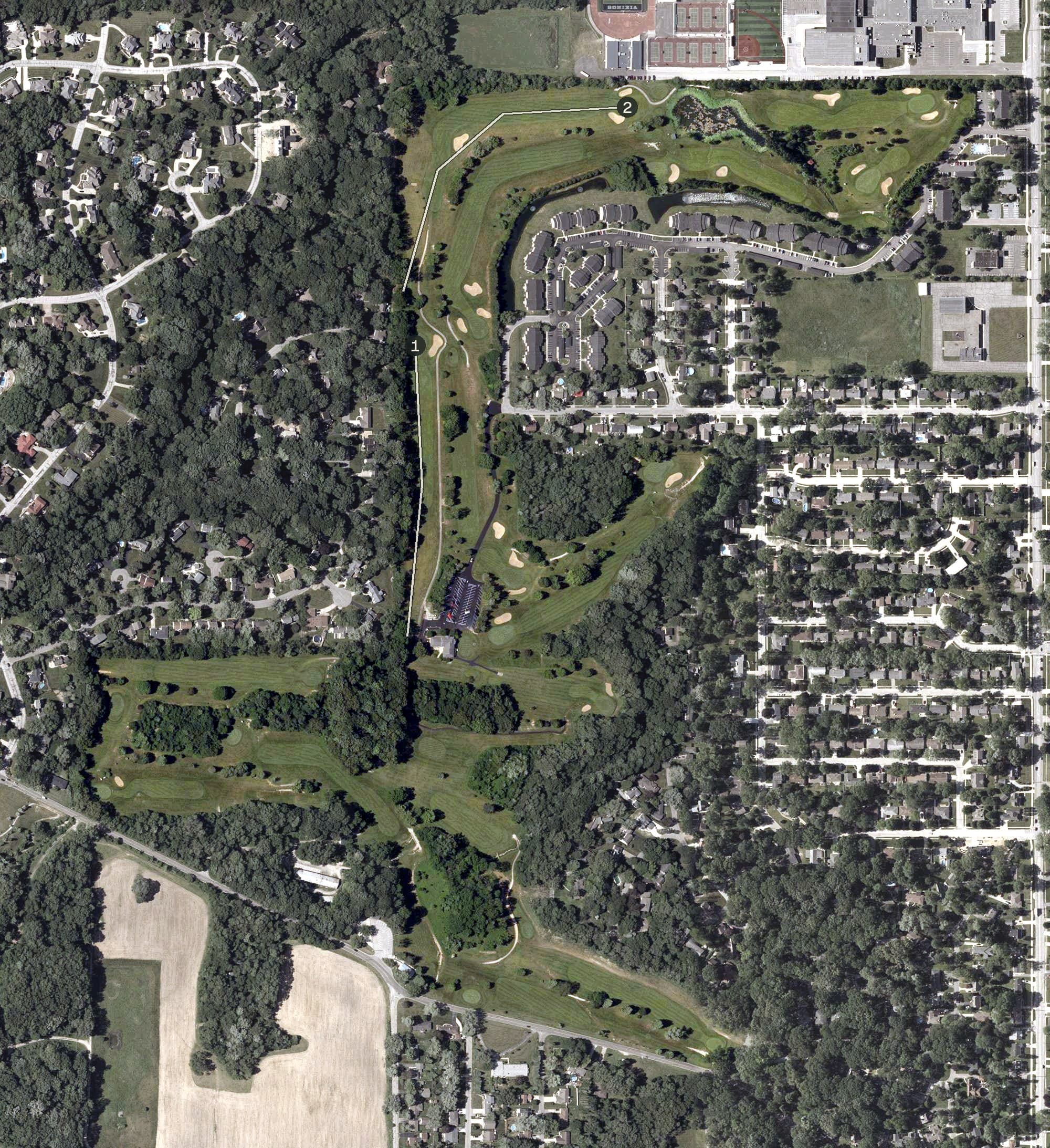 Aerial view of Forest Park Golf Course, IN, with its hole routing marked