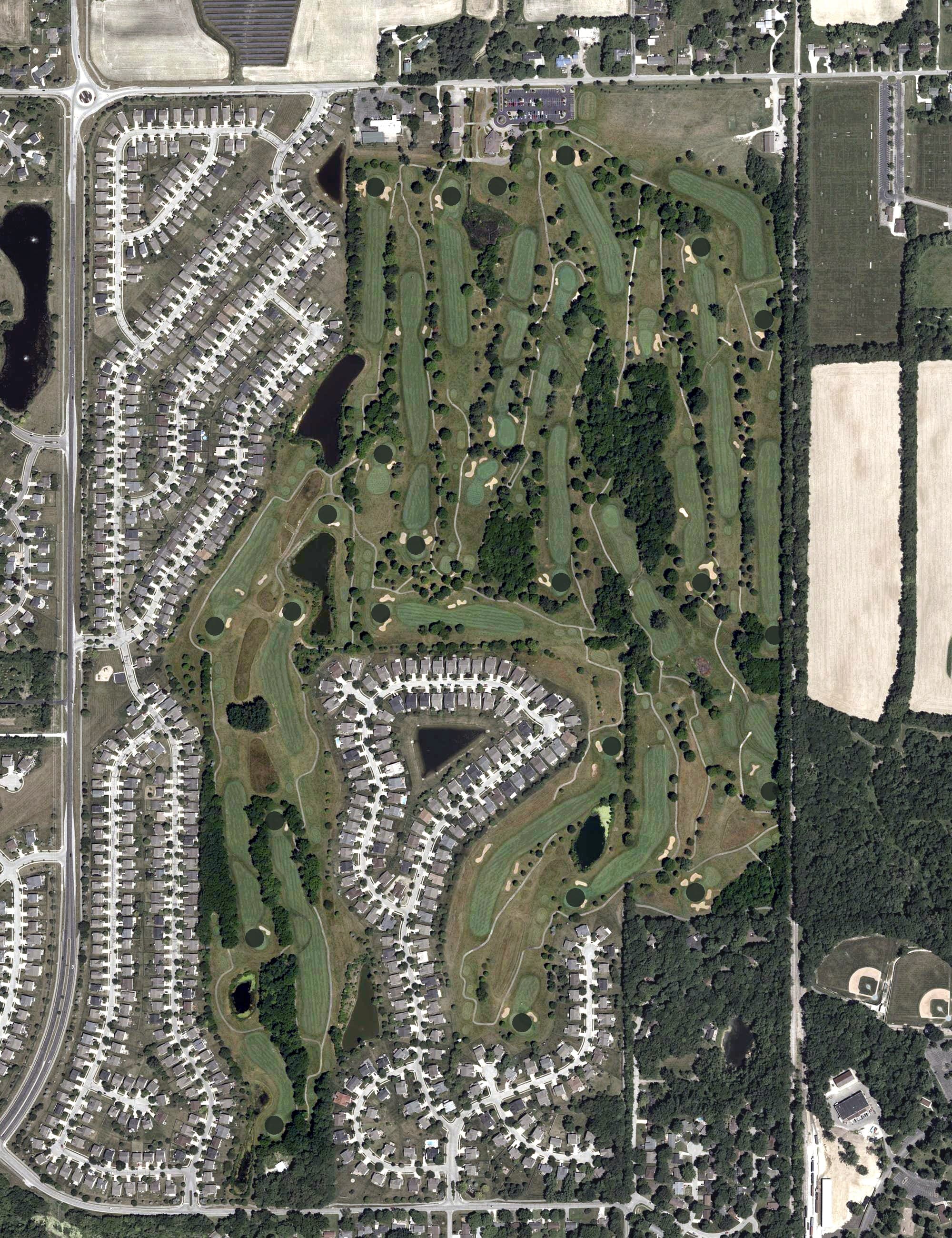 Aerial view of Fox Prairie Golf Course, IN, with its hole routing marked