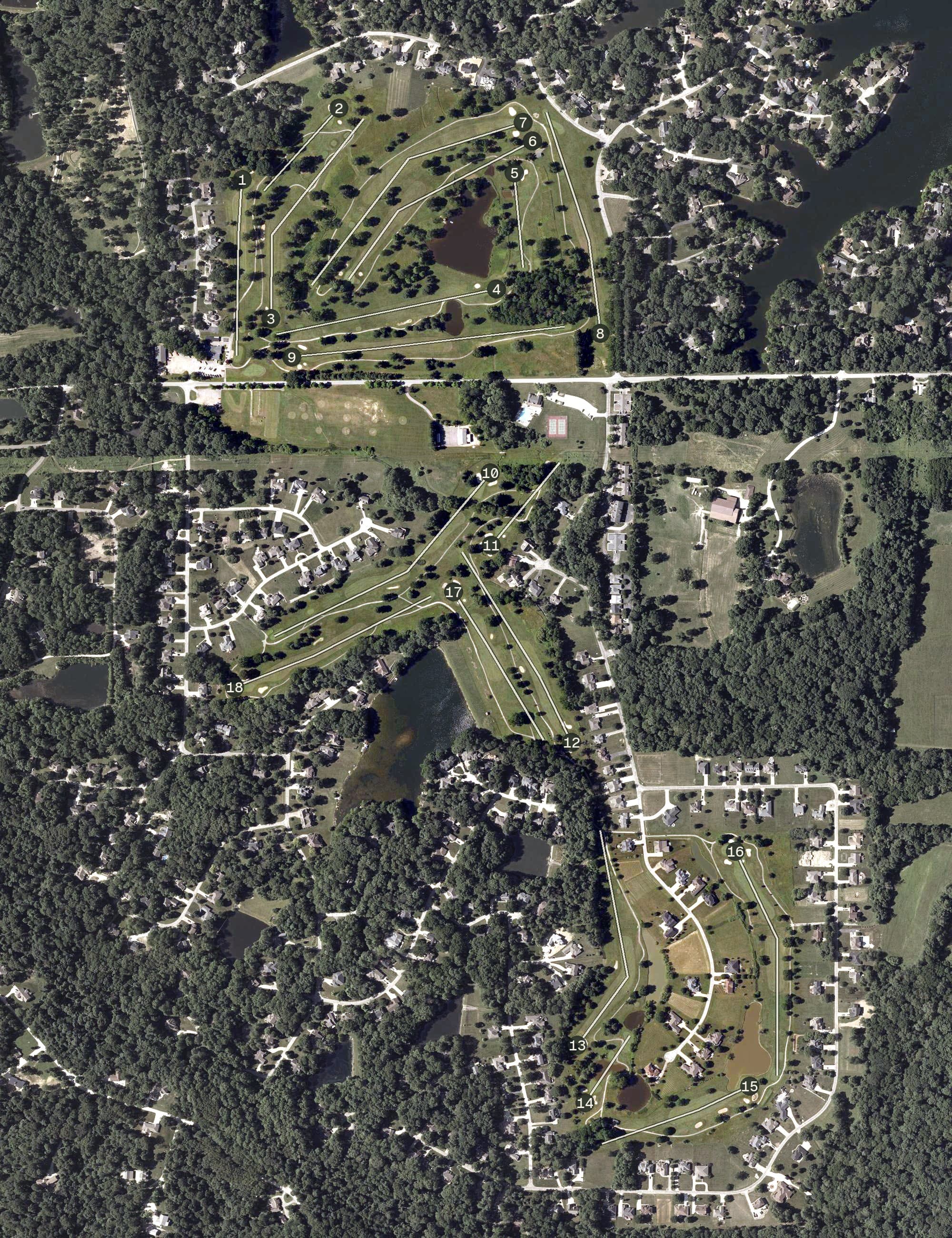 Aerial view of Foxcliff Golf Club, IN, with its hole routing marked
