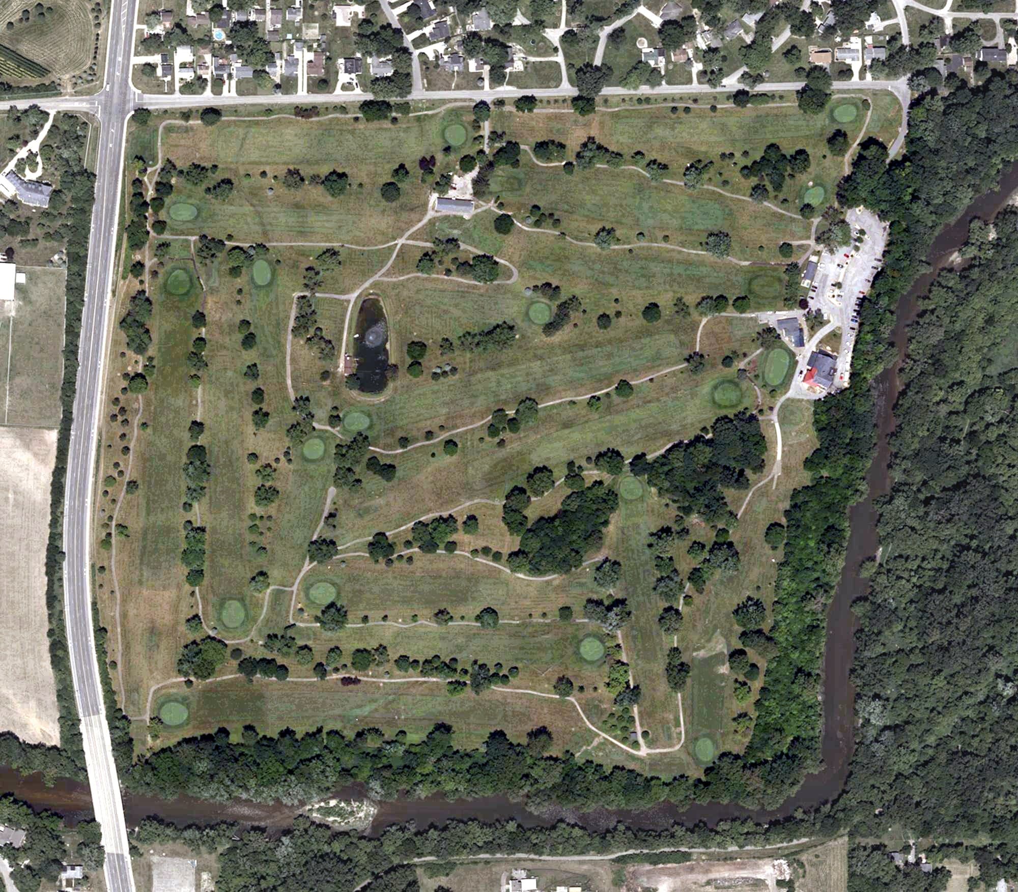 Aerial view of Grandview Golf Course, IN, with its hole routing marked